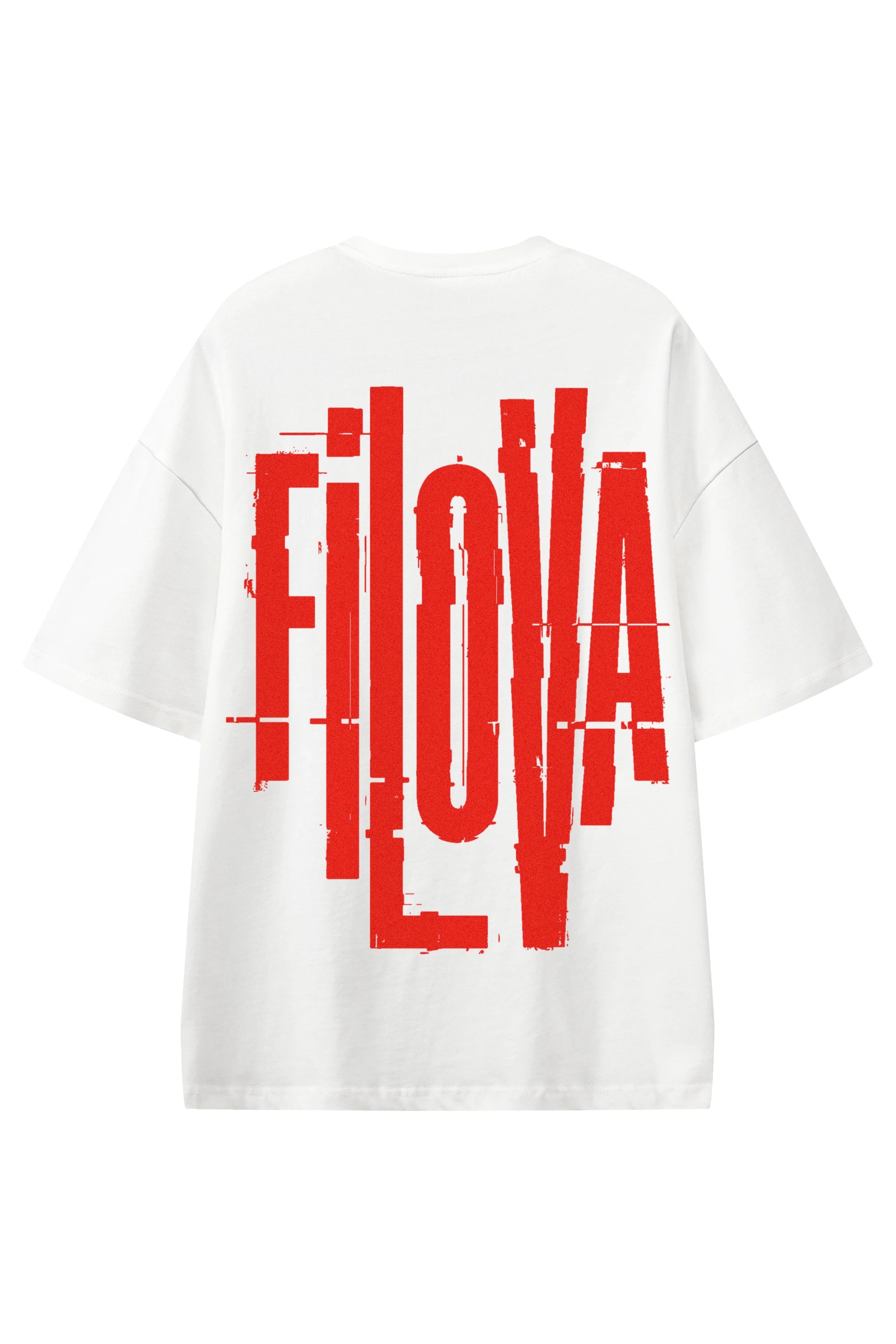 Filova Cyberpunk Red White graphic T-shirt, flat lay back view