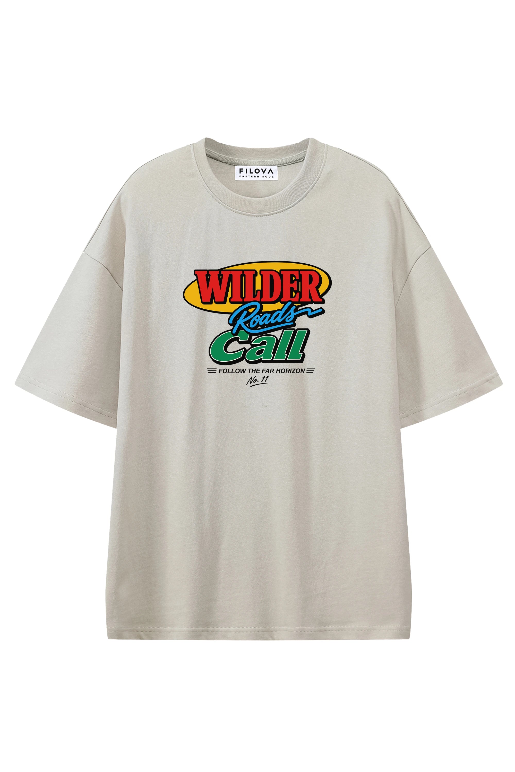 Wilder Roads Call Apricot graphic T-shirt, flat lay front view