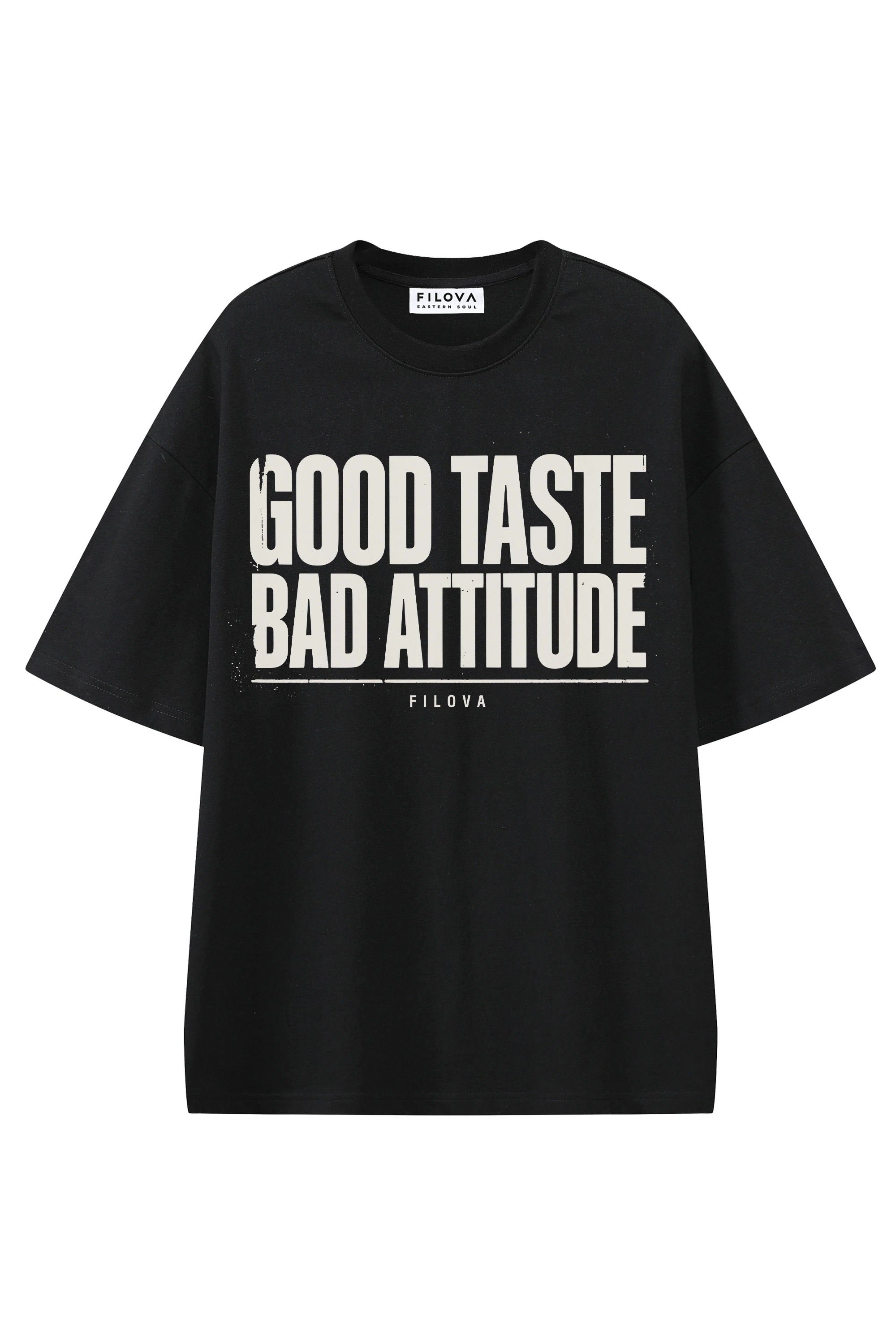 Good Taste - Bad Attitude Black graphic T-shirt, flat lay front view