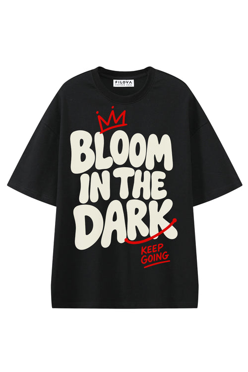 Bloom In The Dark Black graphic T-shirt, flat lay front view
