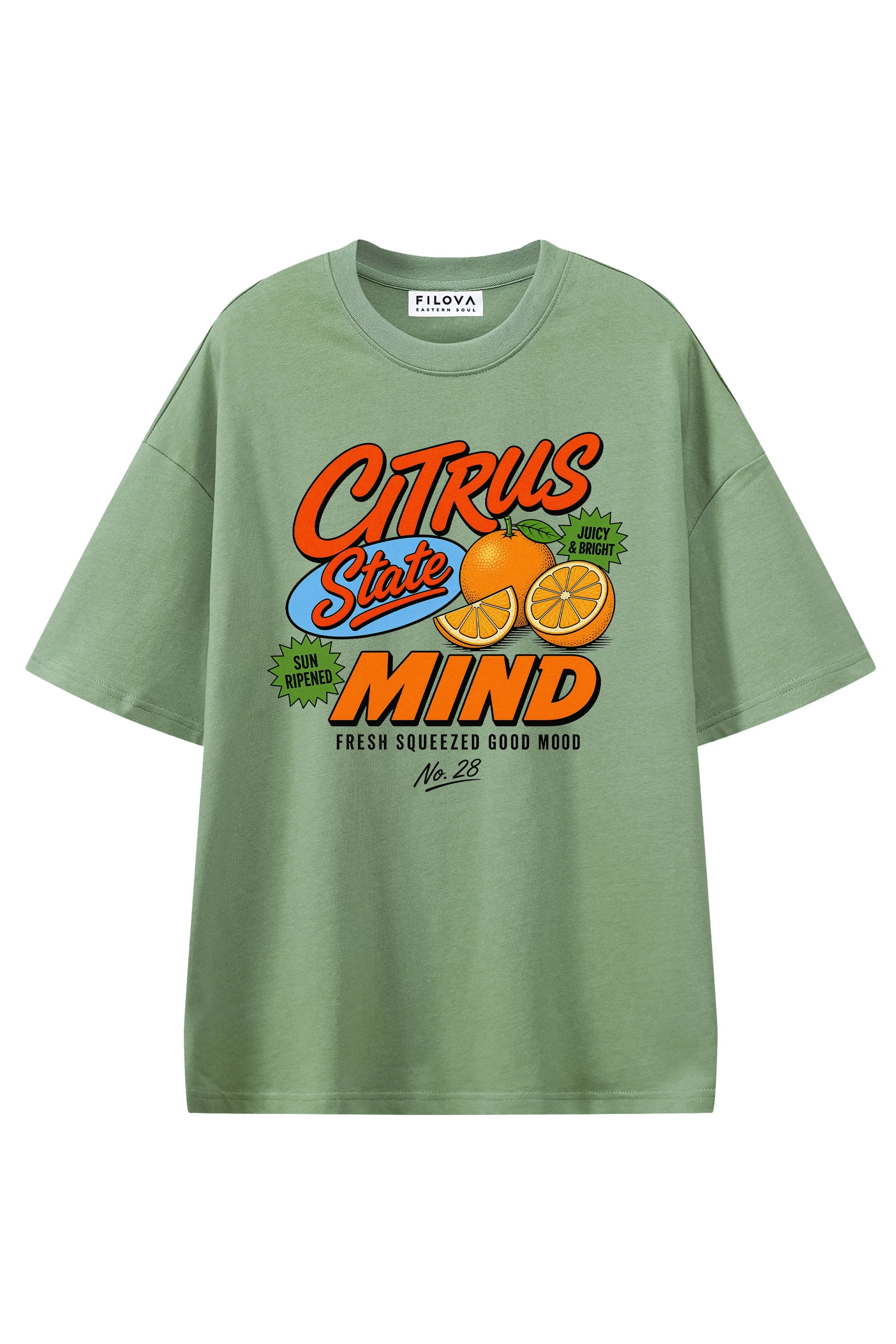 Citrus State Mind Light Green graphic T-shirt, flat lay front view