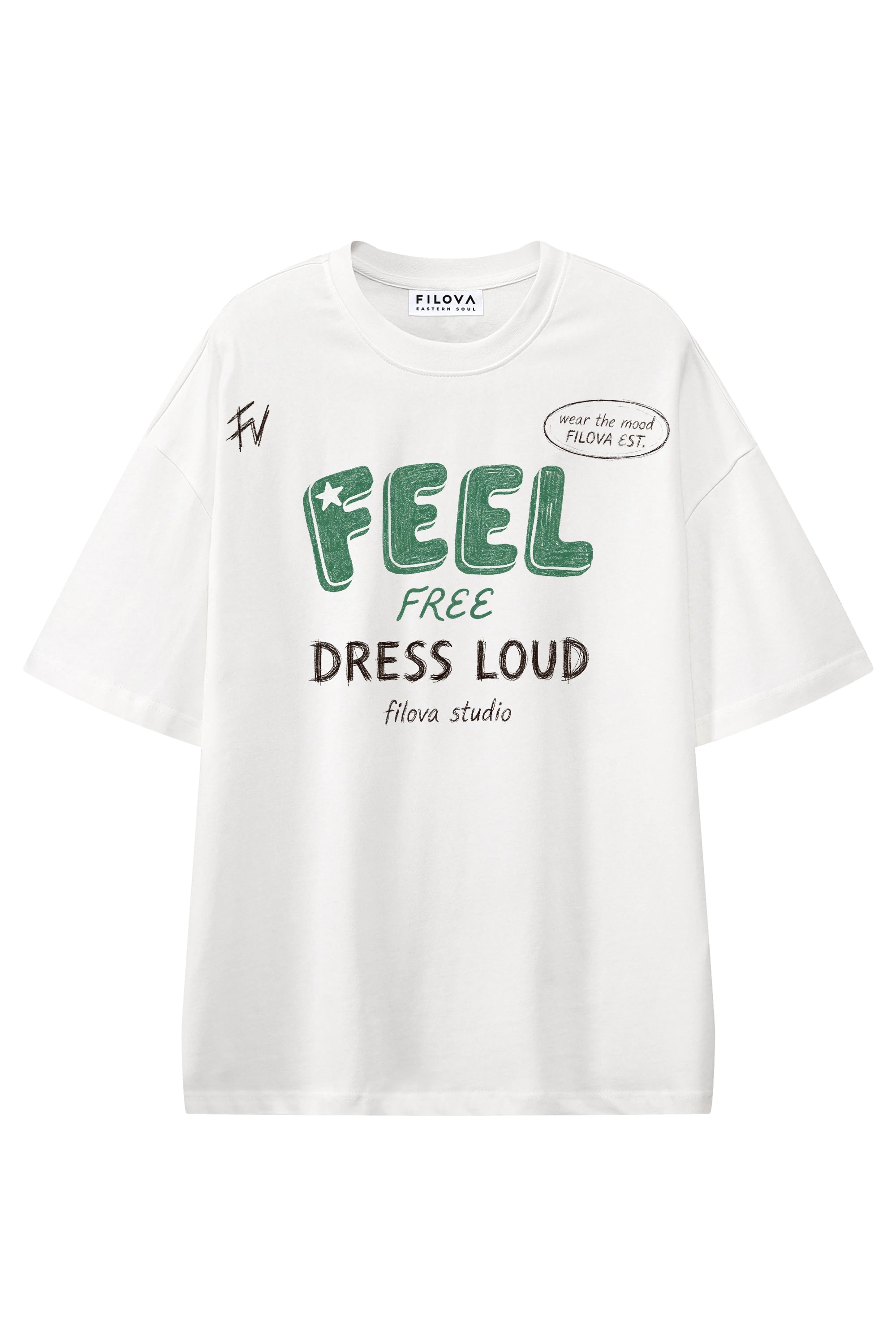 Feel Free Dress Loud White graphic T-shirt, flat lay front view
