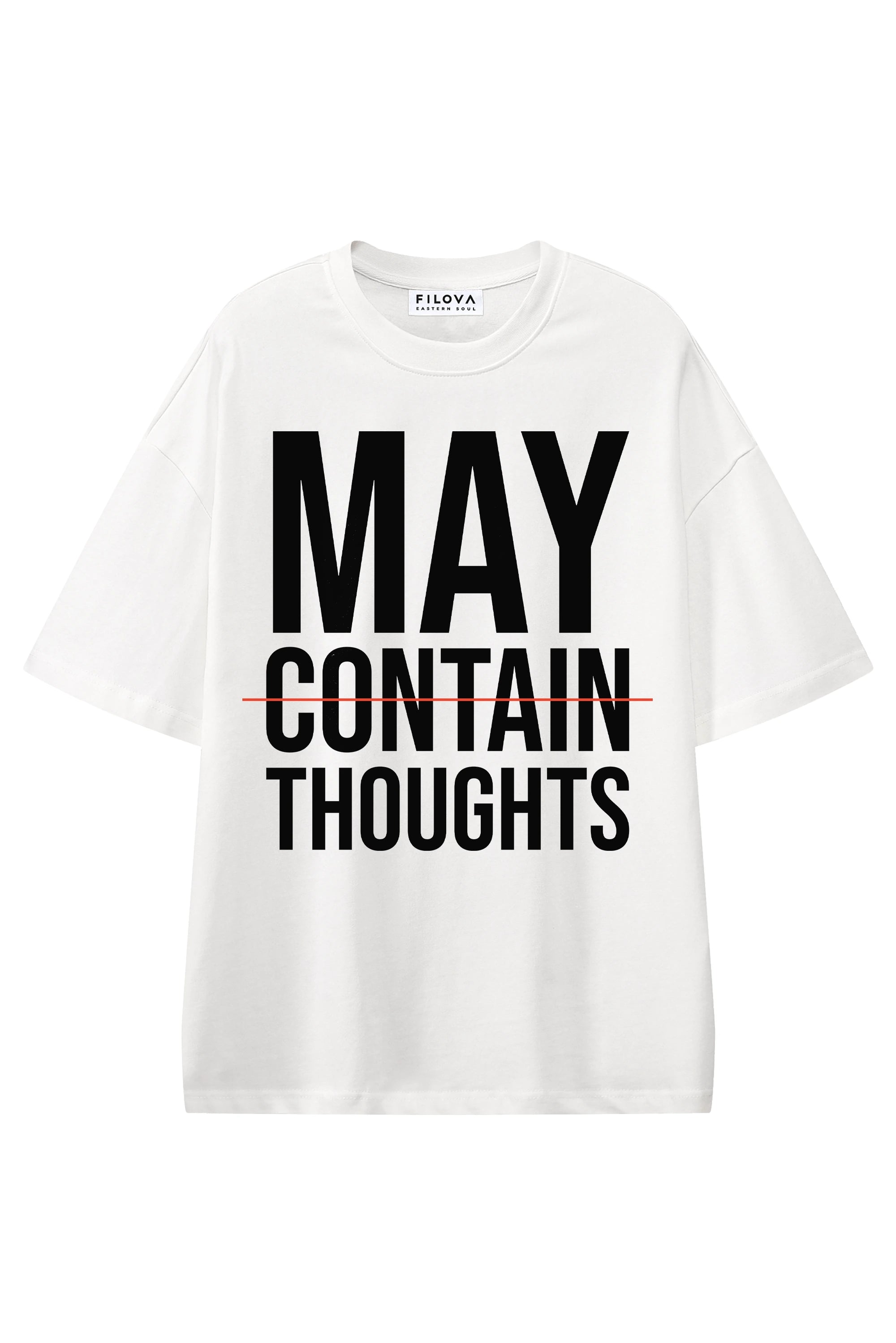 May Contain Thoughts White graphic T-shirt, flat lay front view