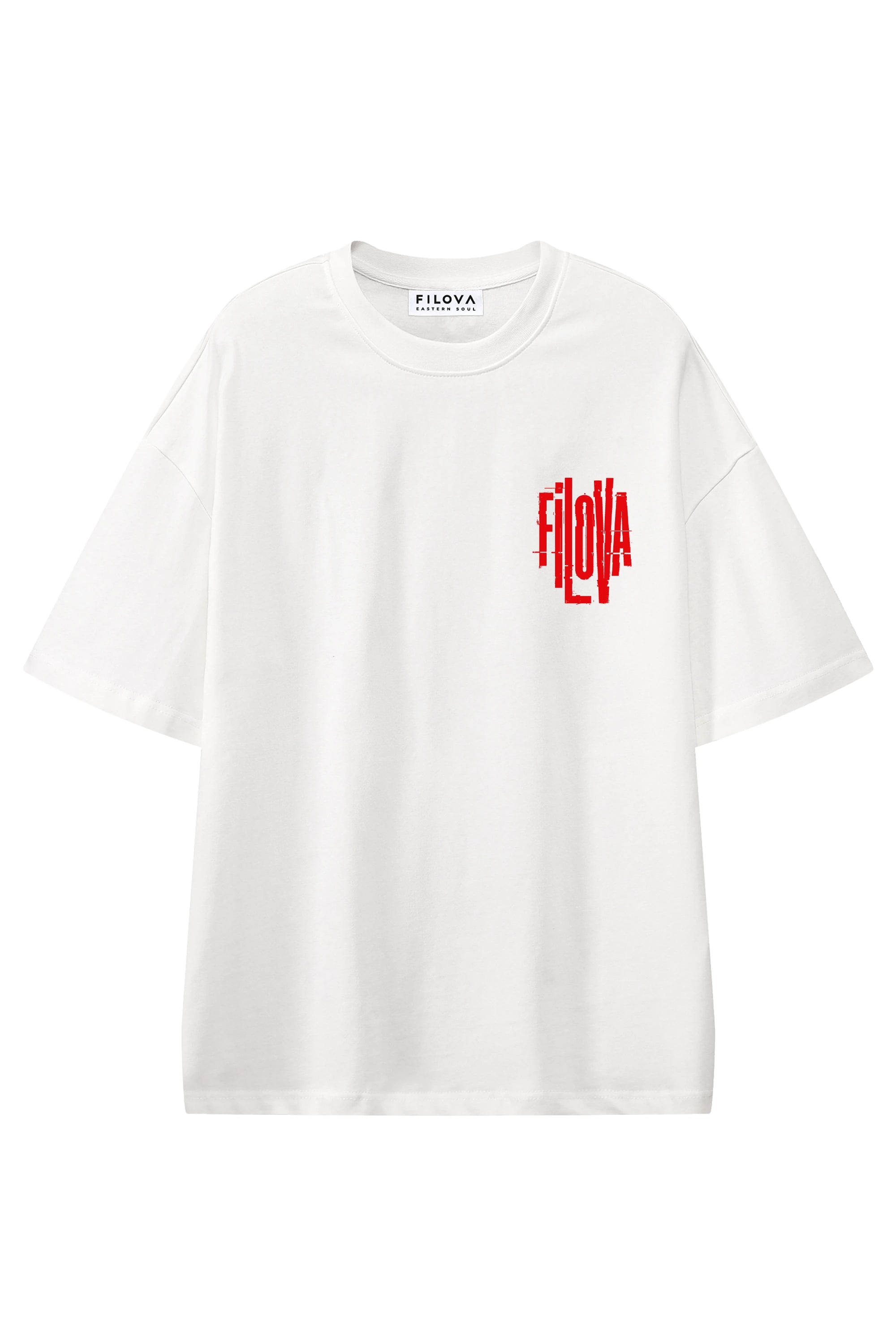Filova Cyberpunk Red White graphic T-shirt, flat lay front view
