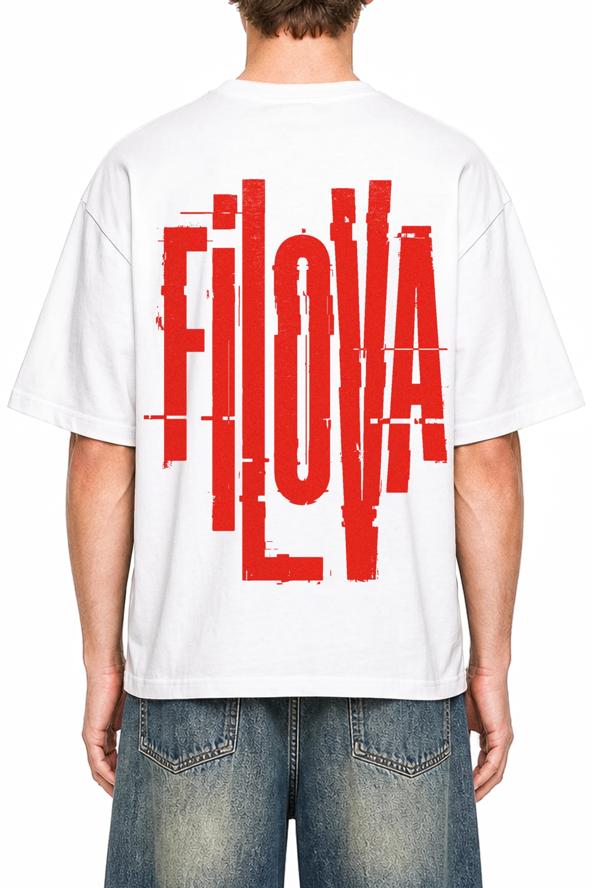 Filova Cyberpunk Red White graphic T-shirt, model back view
