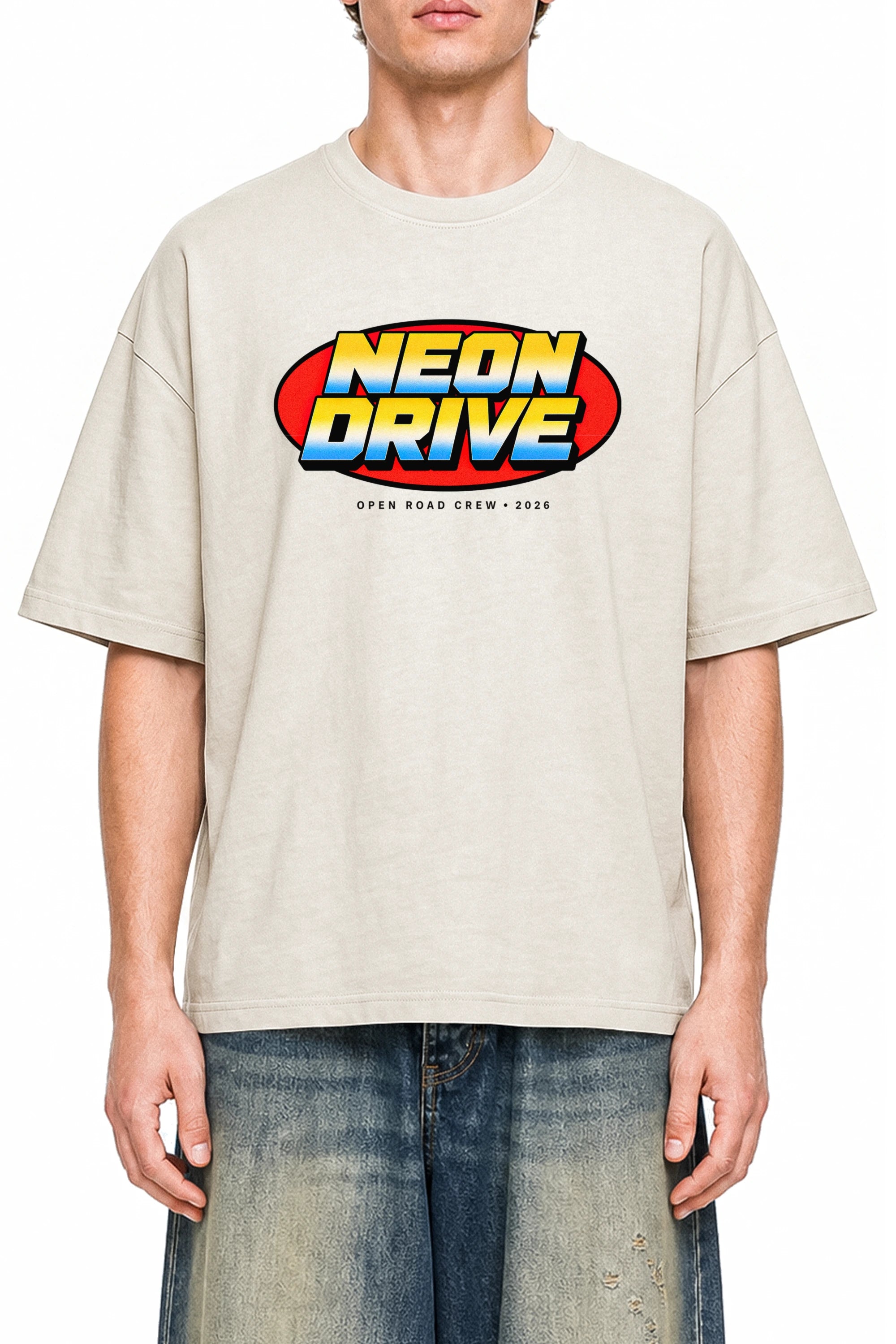 Neon Drive Apricot graphic T-shirt, model front view