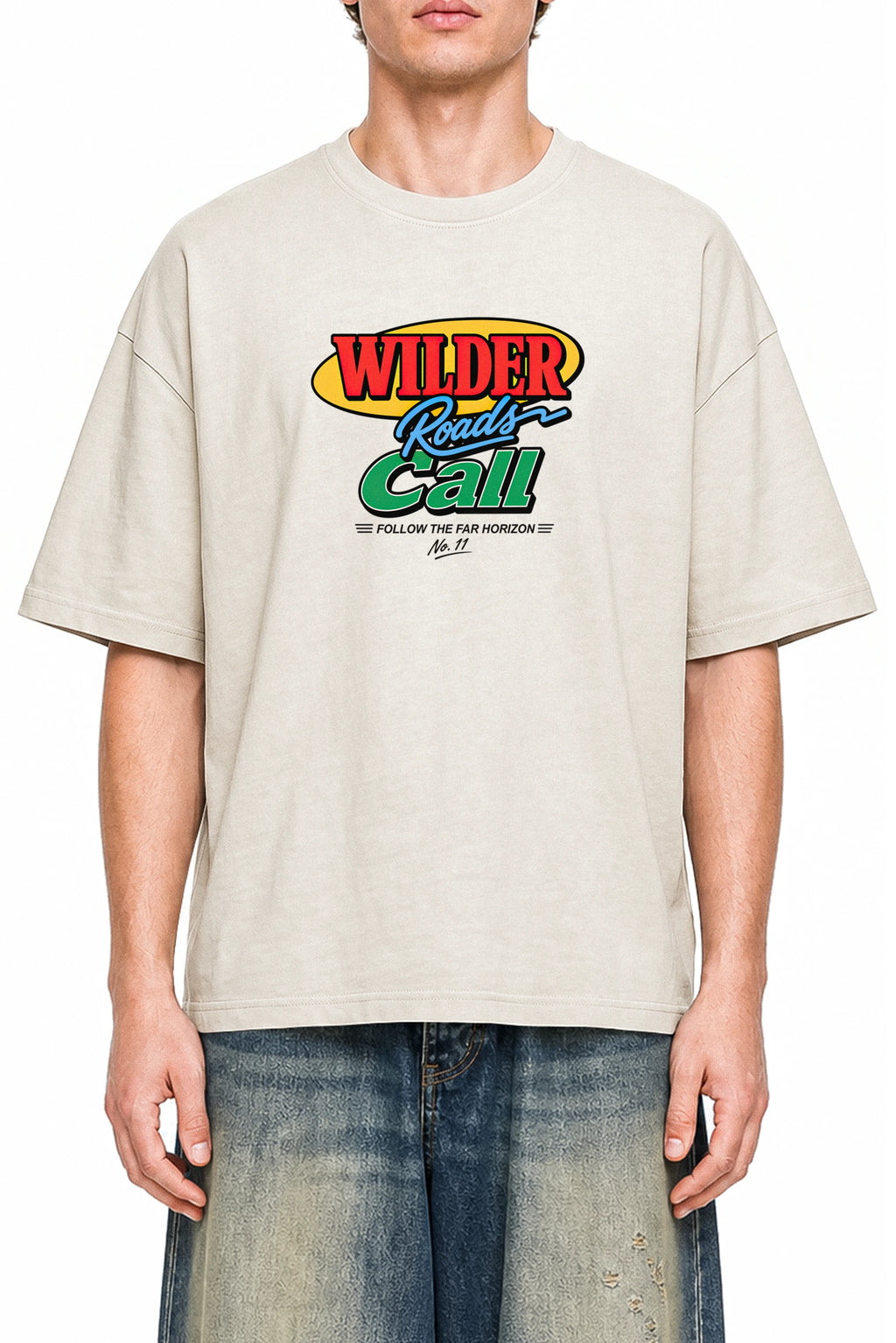 Wilder Roads Call Apricot graphic T-shirt, model front view