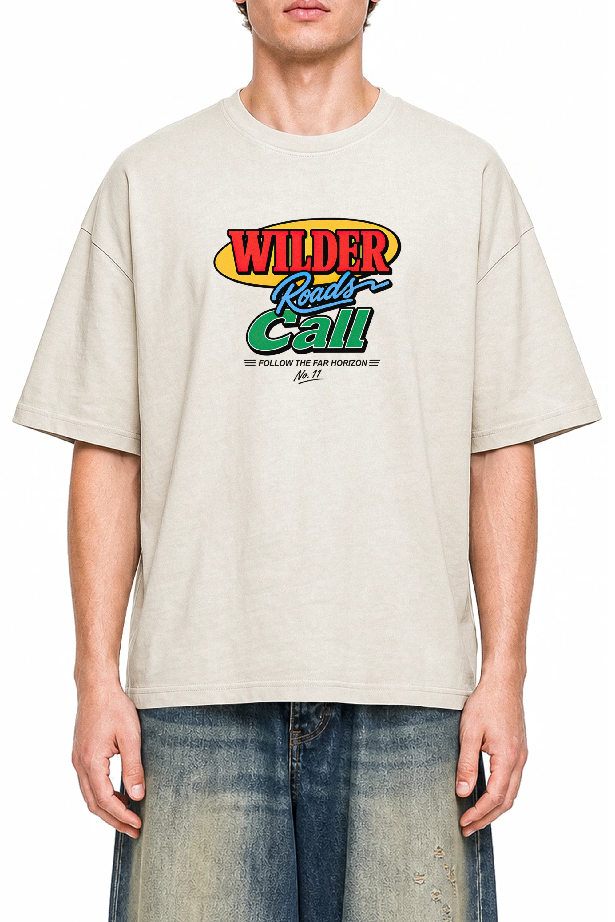 Wilder Roads Call Apricot graphic T-shirt, model front view