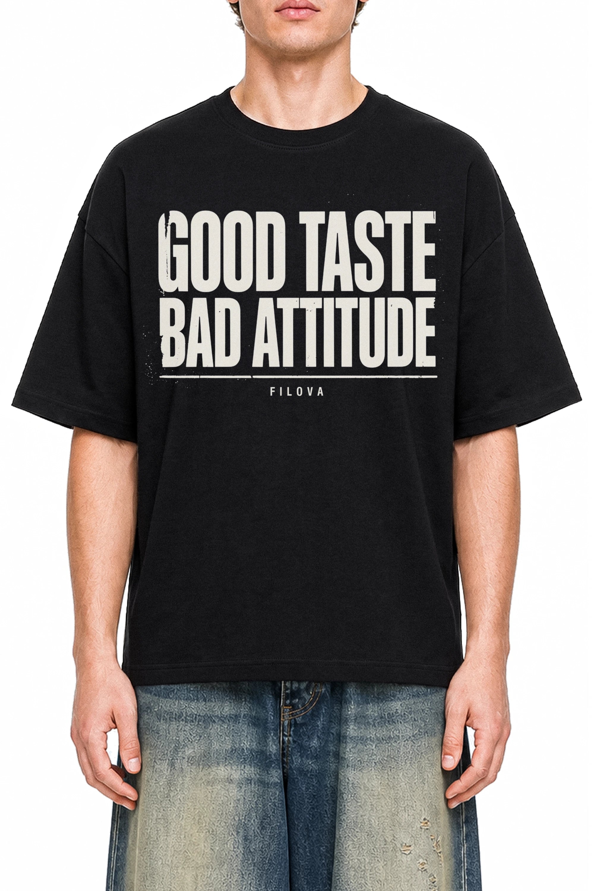 Good Taste - Bad Attitude Black graphic T-shirt, model front view