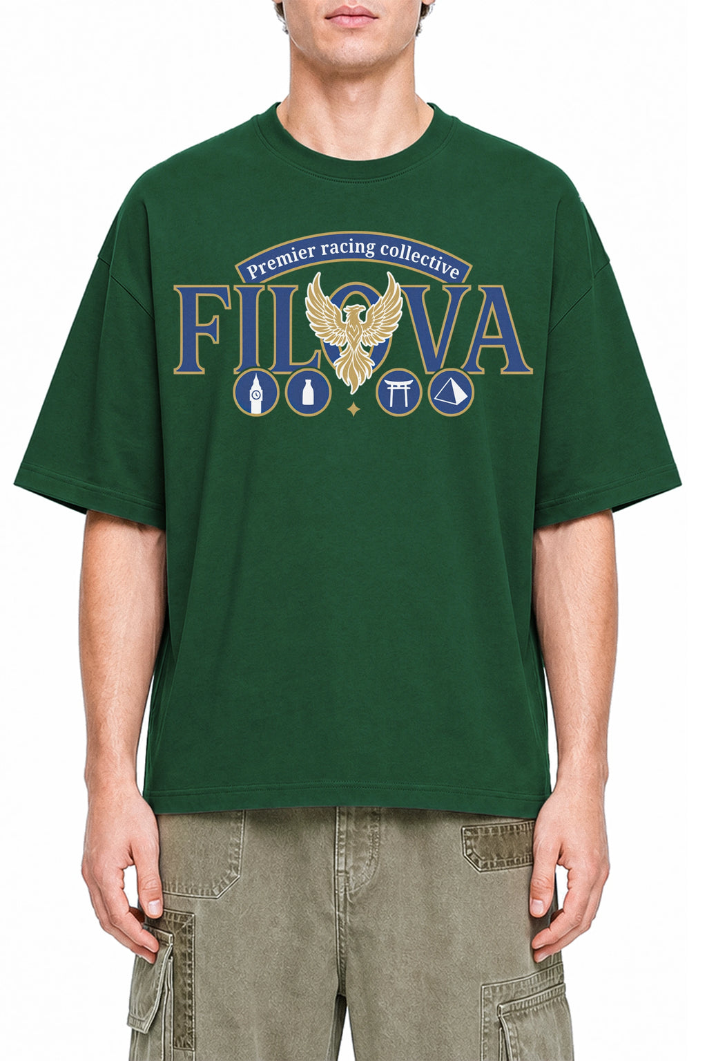 Premier Racing Collective Dark Green graphic T-shirt, model front view