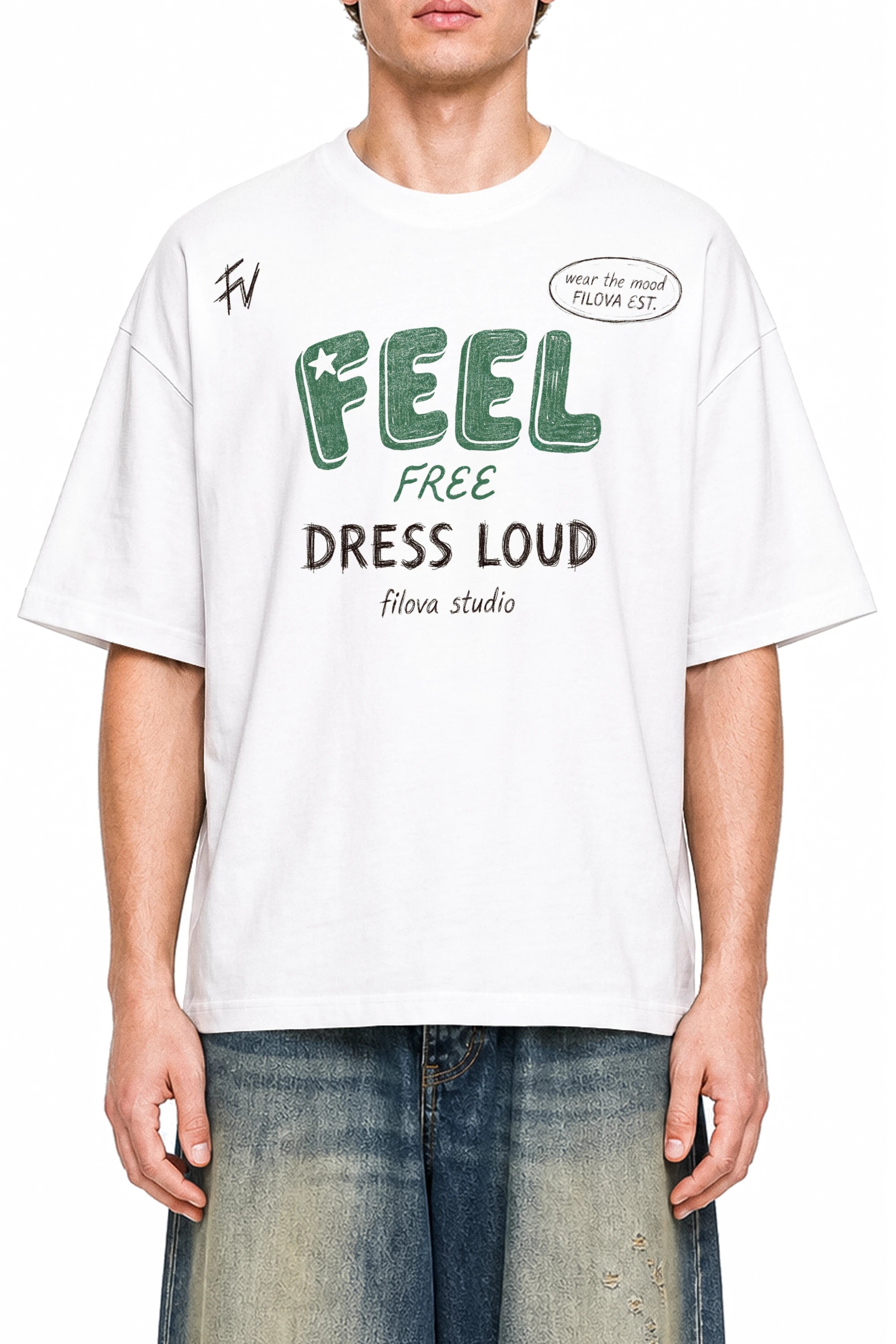 Feel Free Dress Loud White graphic T-shirt, model front view