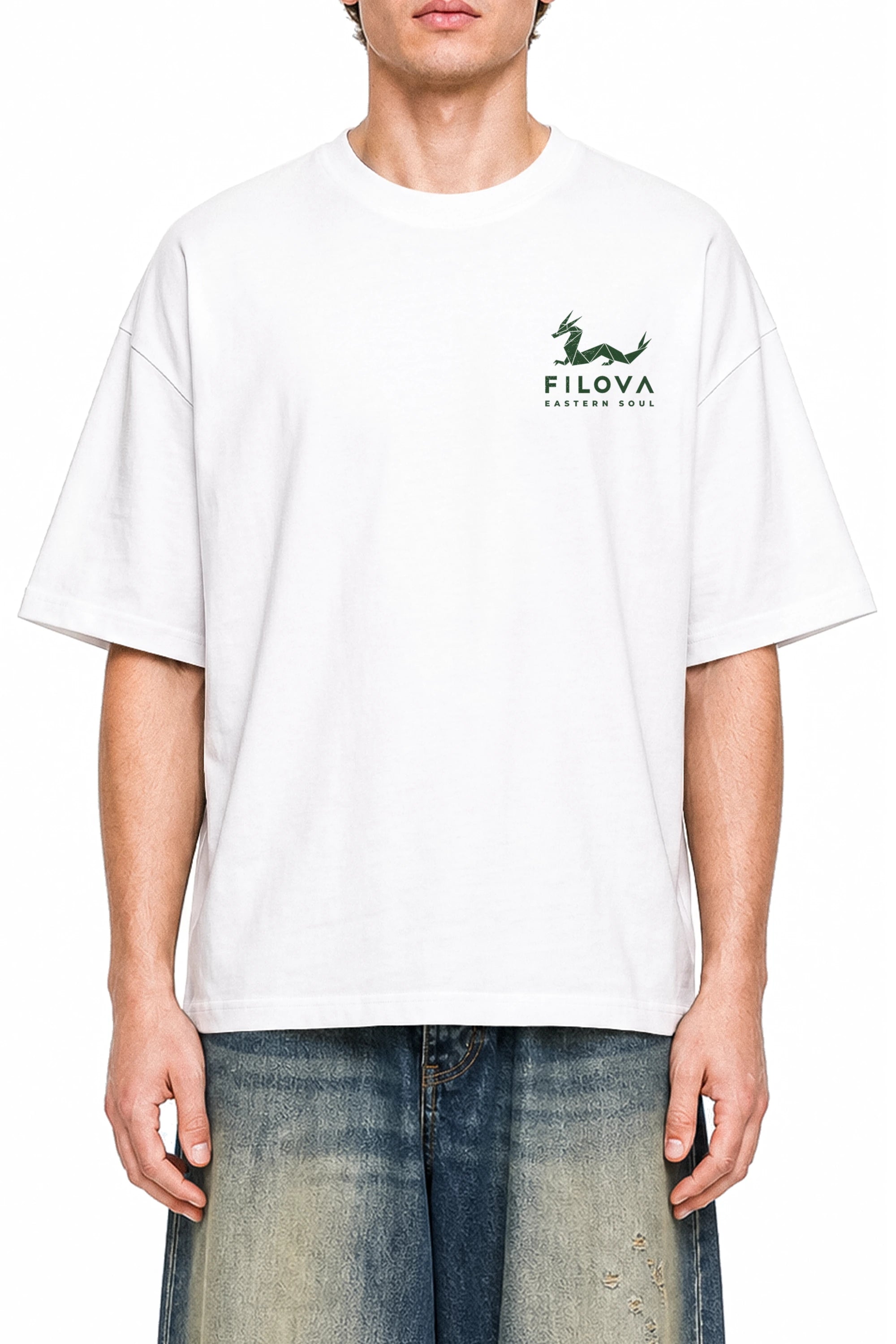Filova Eastern Soul Basic White graphic T-shirt, model front view