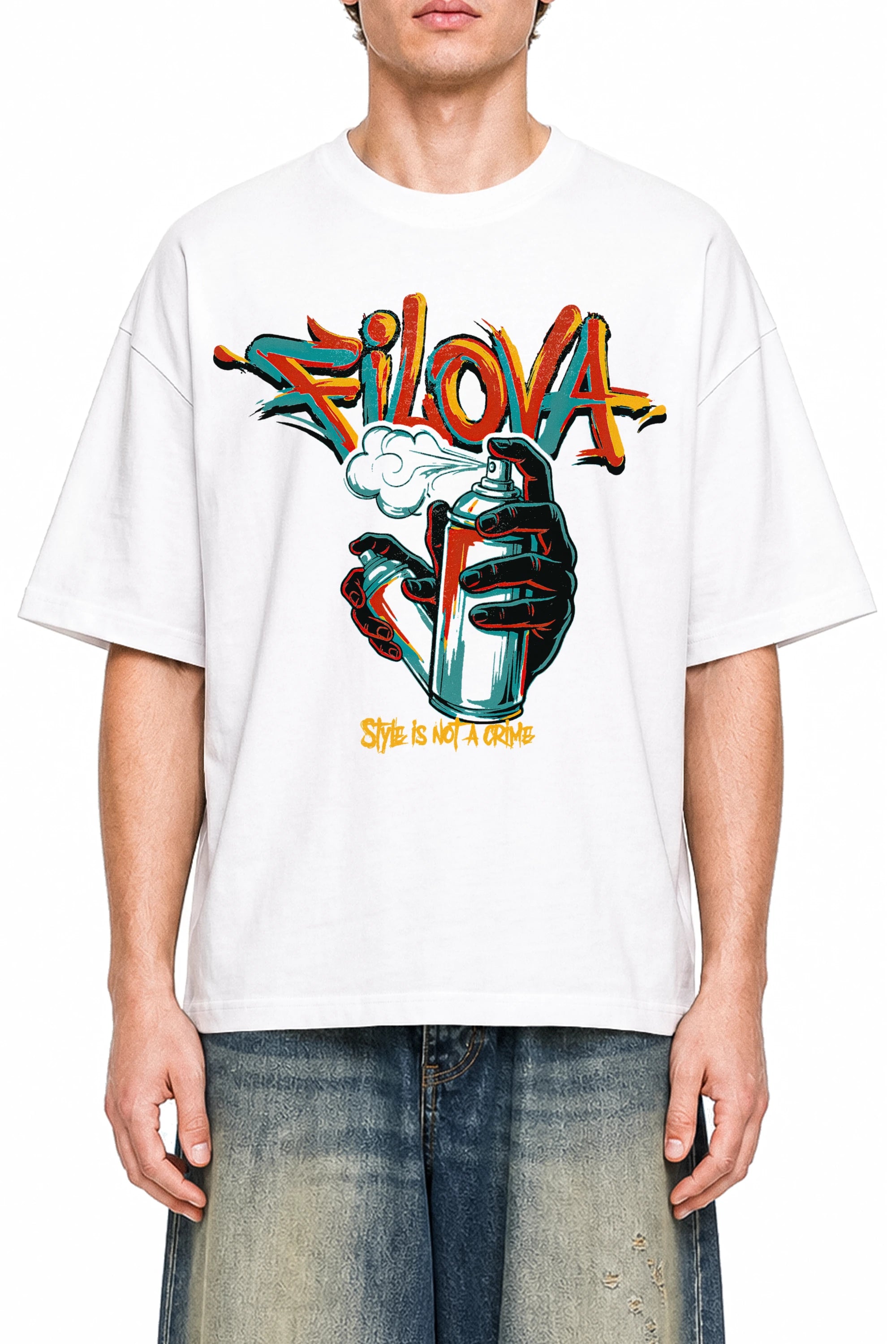 Style Is Not A Crime White graphic T-shirt, model front view