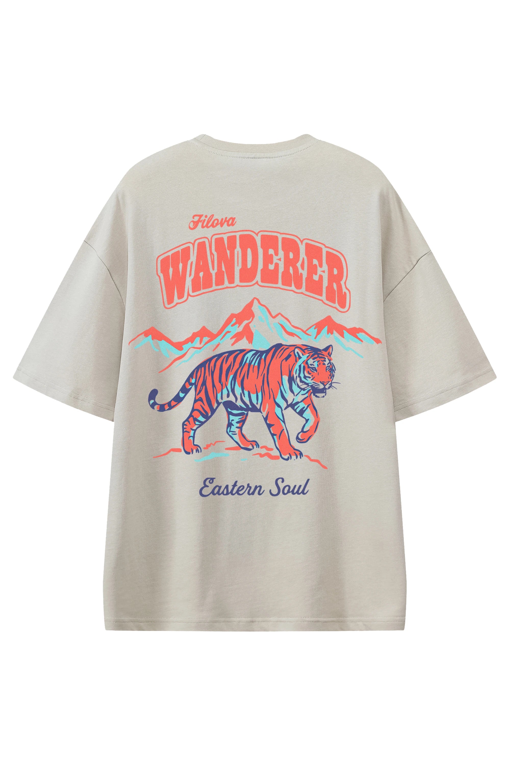 Filova Wanderer Eastern Soul Apricot graphic T-shirt, flat lay back view