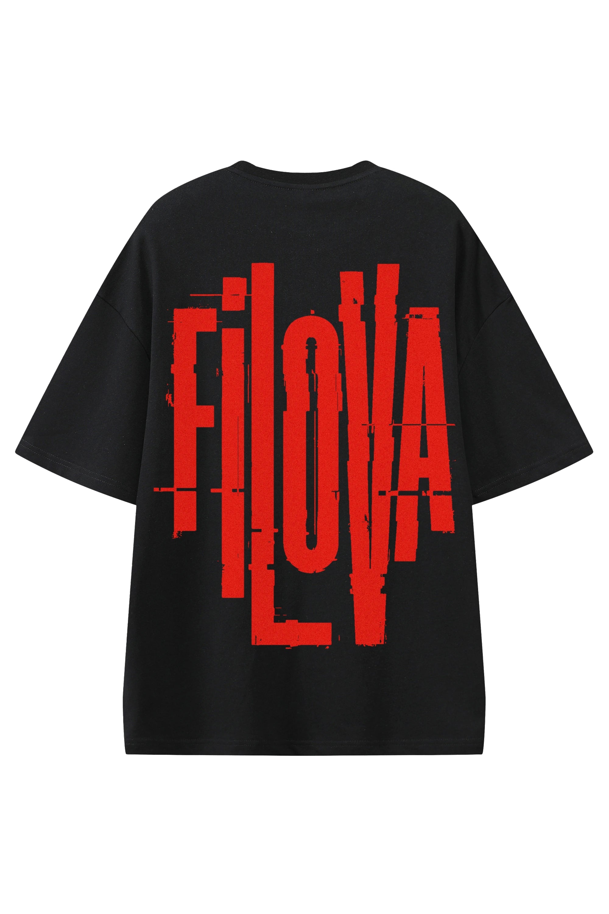Filova Cyberpunk Red Black graphic T-shirt, flat lay back view