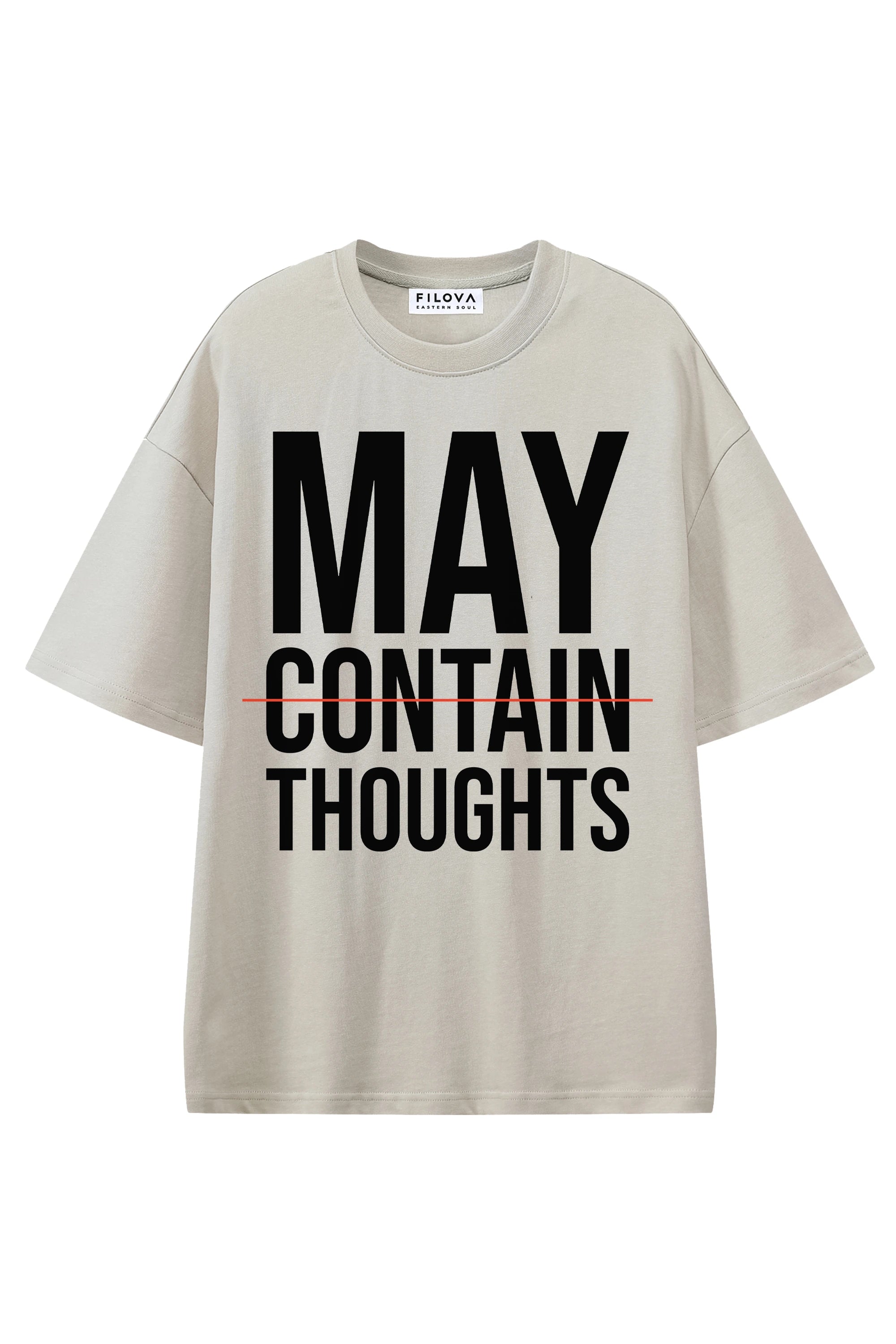 May Contain Thoughts Apricot graphic T-shirt, flat lay front view