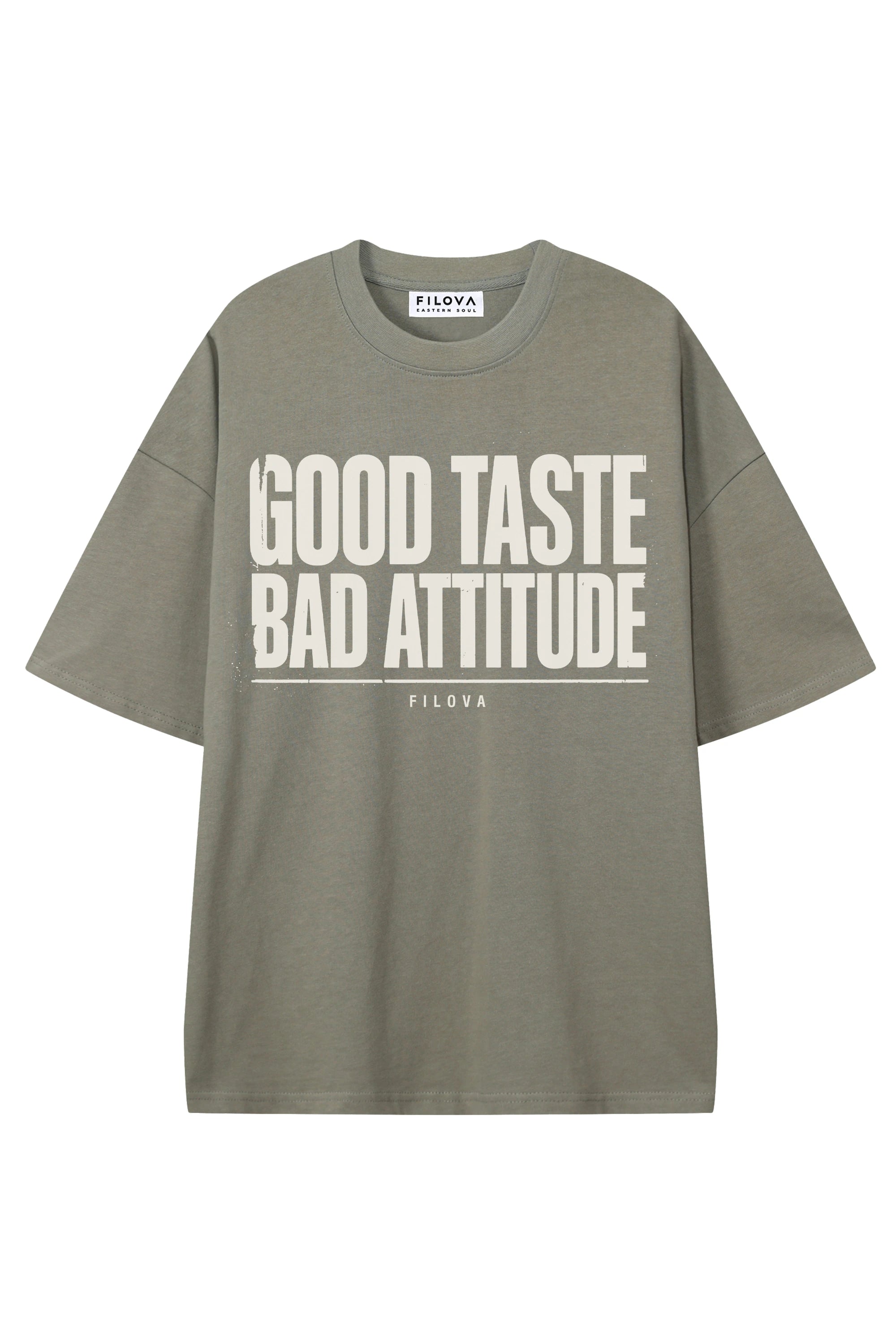 Good Taste - Bad Attitude Dark Gray graphic T-shirt, flat lay front view