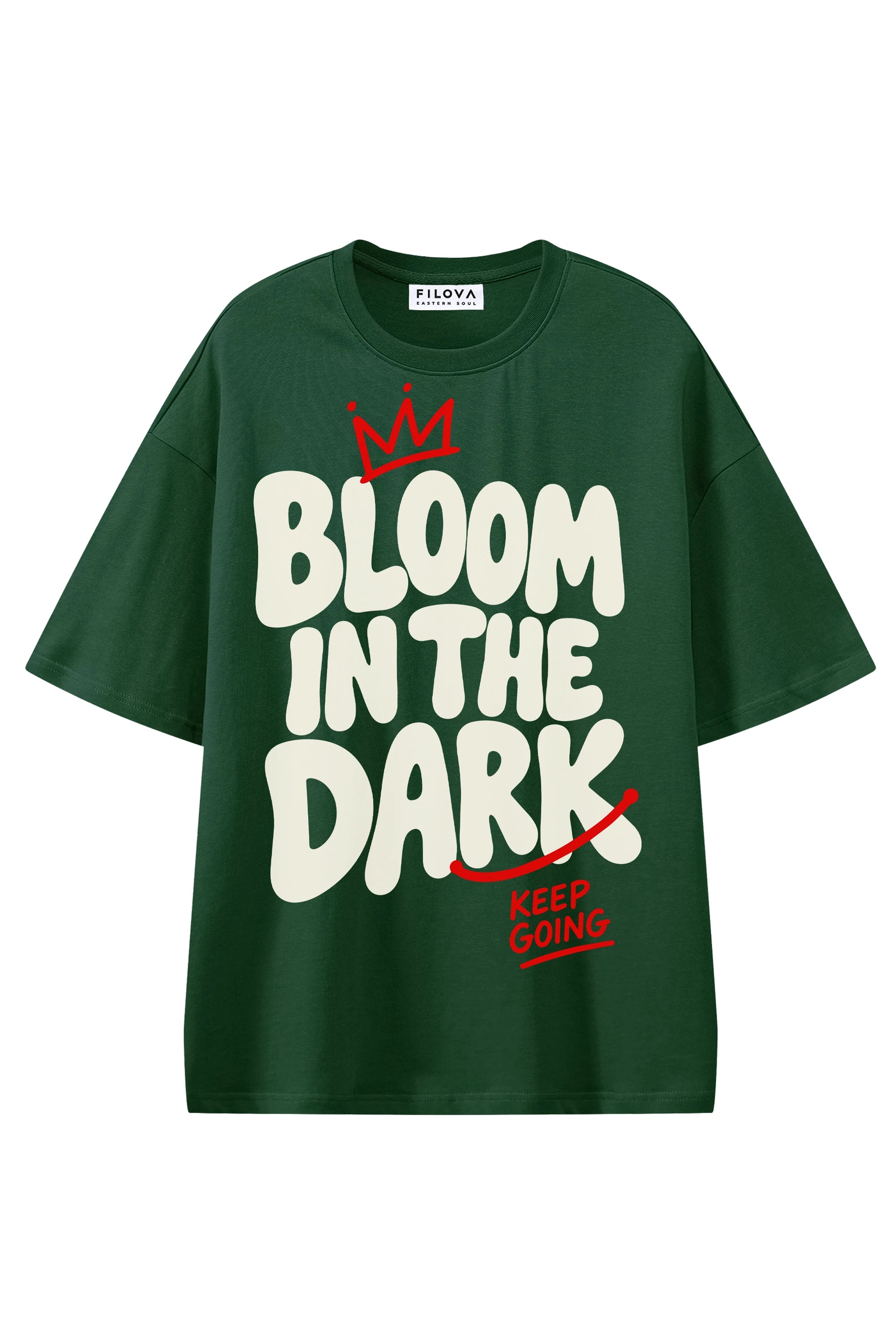 Bloom In The Dark Dark Green graphic T-shirt, flat lay front view
