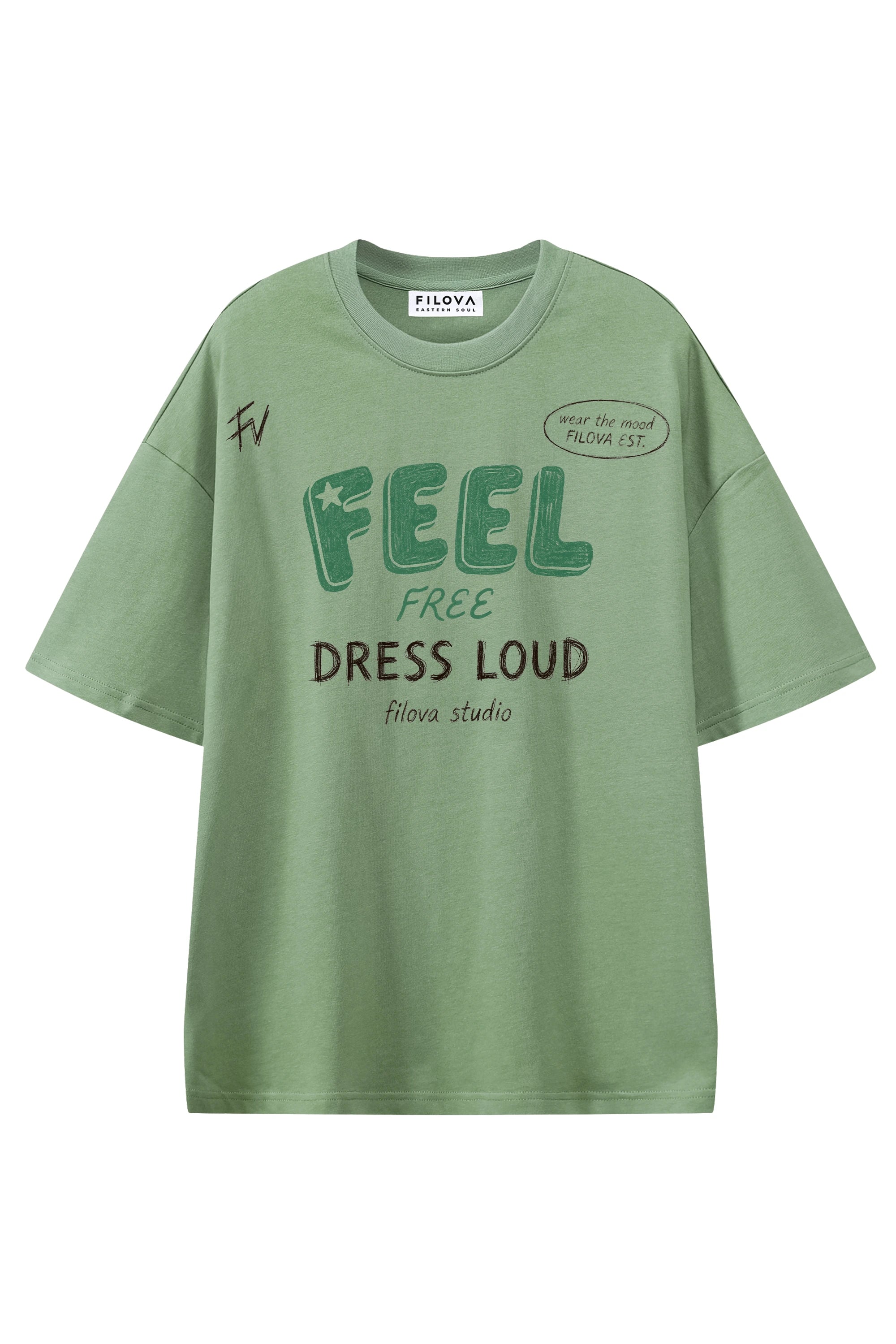 Feel Free Dress Loud Light Green graphic T-shirt, flat lay front view