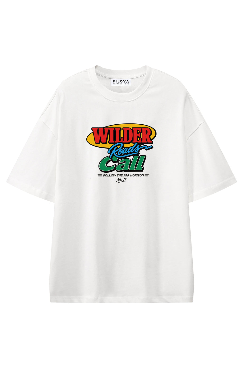 Wilder Roads Call White graphic T-shirt, flat lay front view