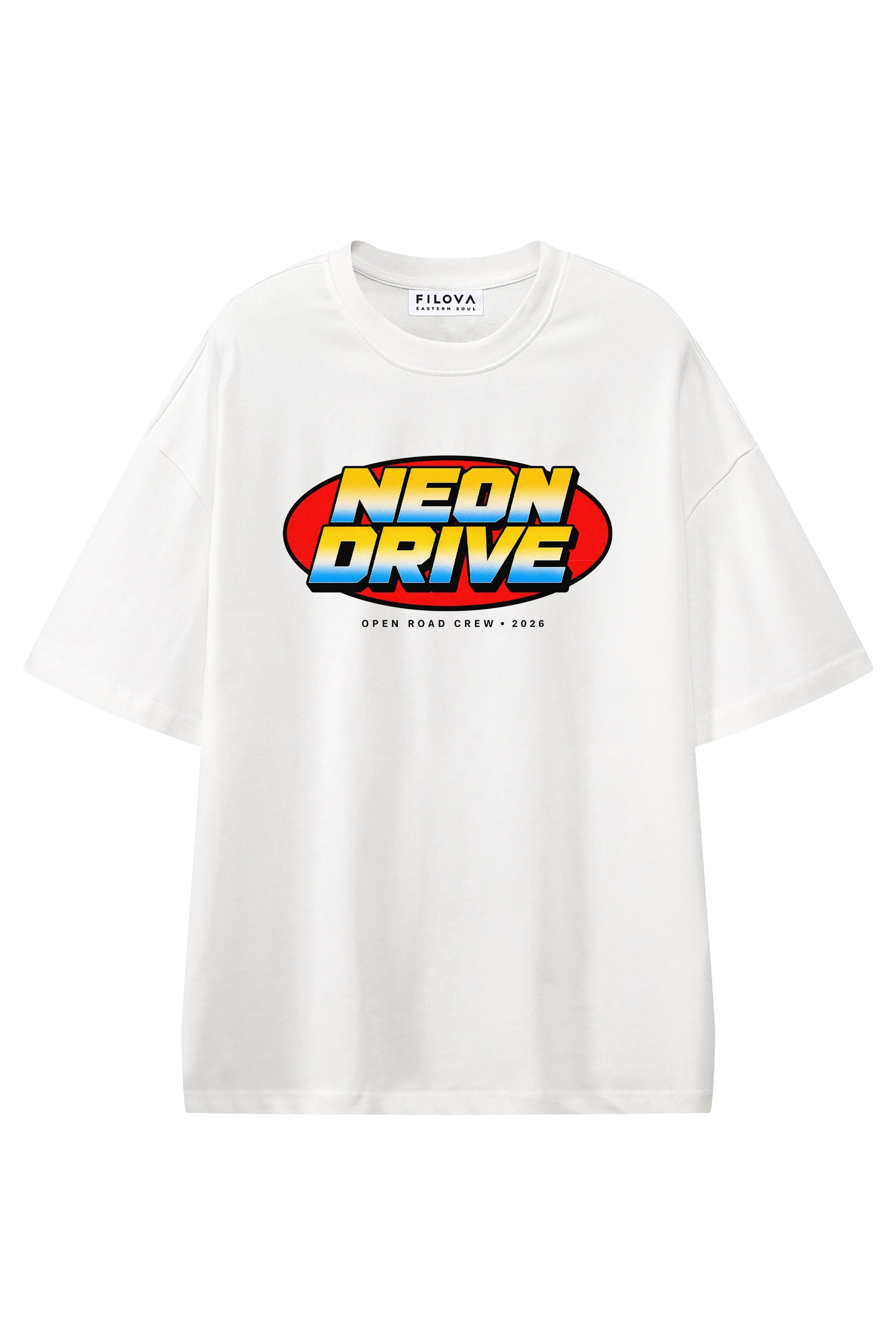 Neon Drive White graphic T-shirt, flat lay front view