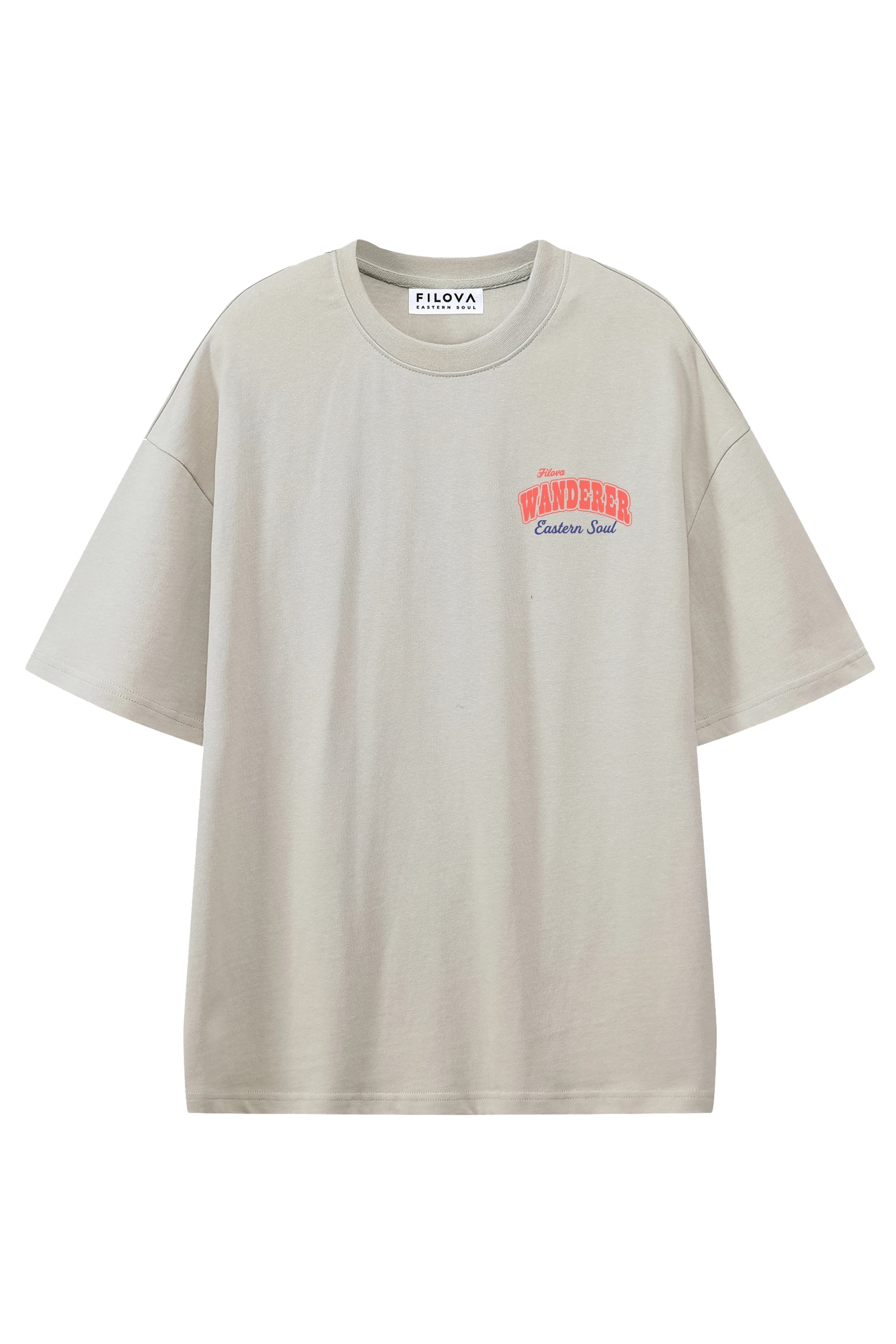 Filova Wanderer Eastern Soul Apricot graphic T-shirt, flat lay front view