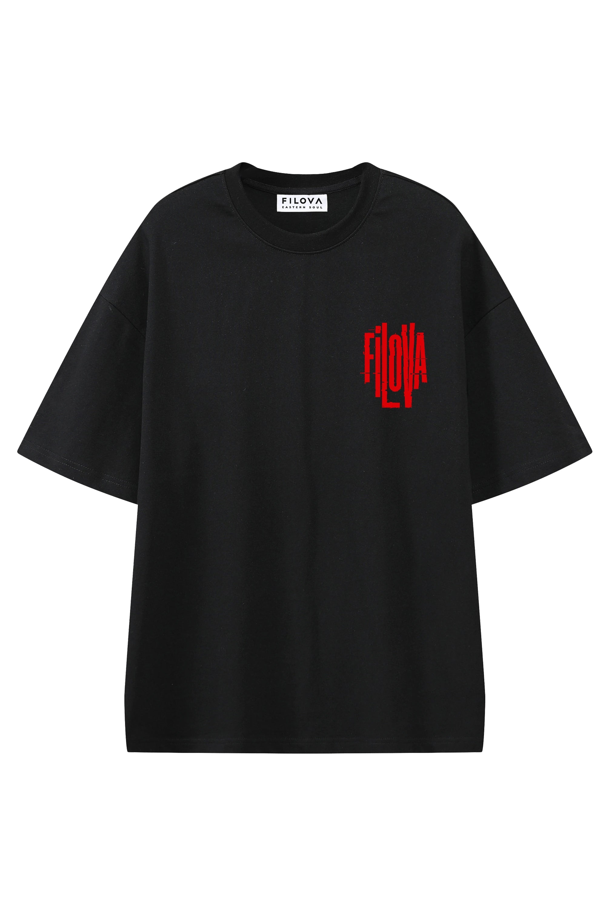Filova Cyberpunk Red Black graphic T-shirt, flat lay front view