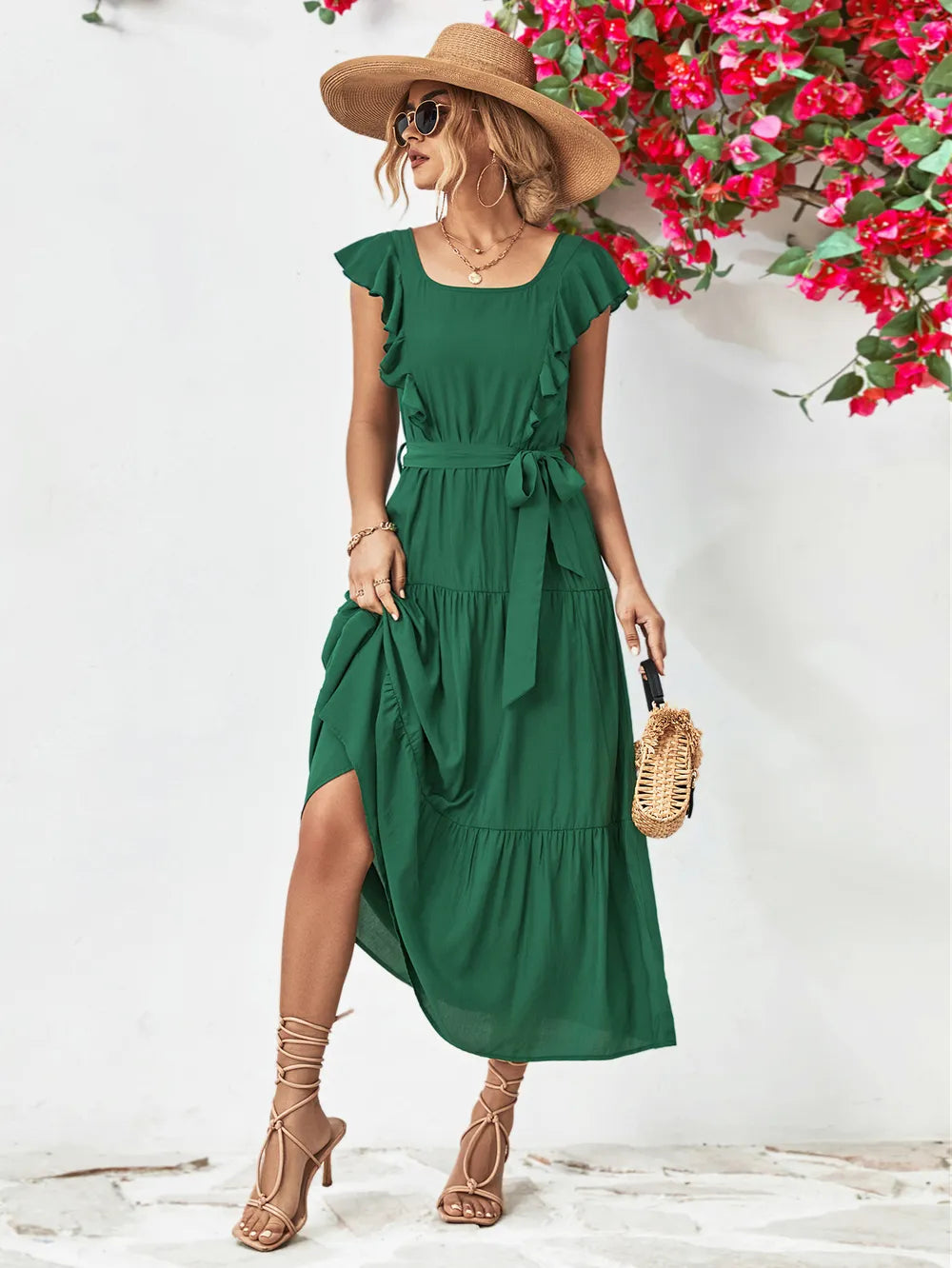 Tie-Belt Ruffled Tiered Dress