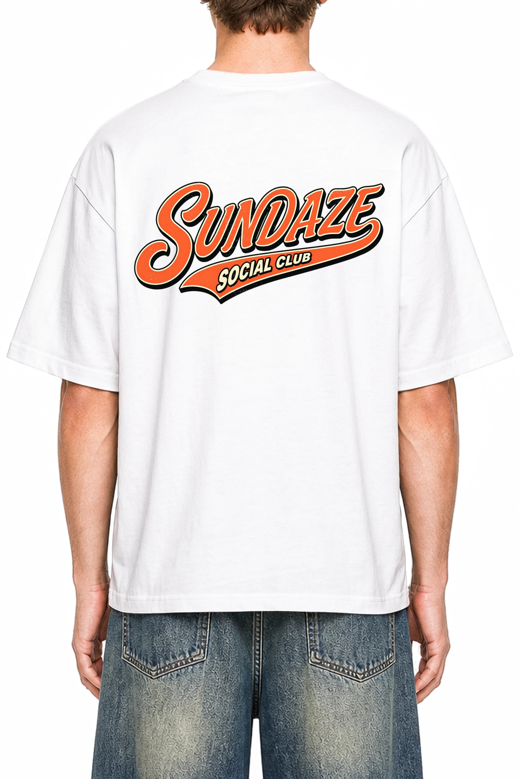 Sundaze Social Club White graphic T-shirt, model back view