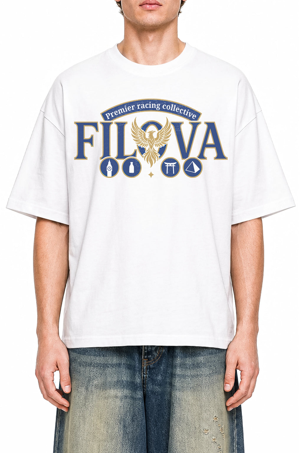 Premier Racing Collective White graphic T-shirt, model front view