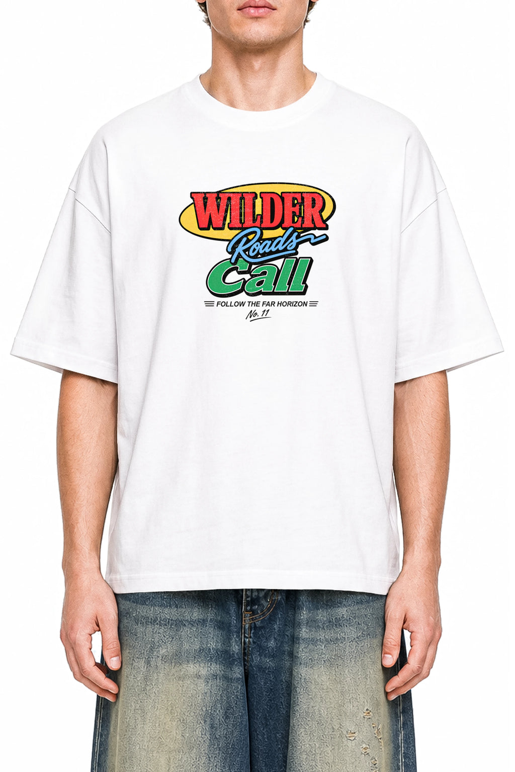 Wilder Roads Call White graphic T-shirt, model front view