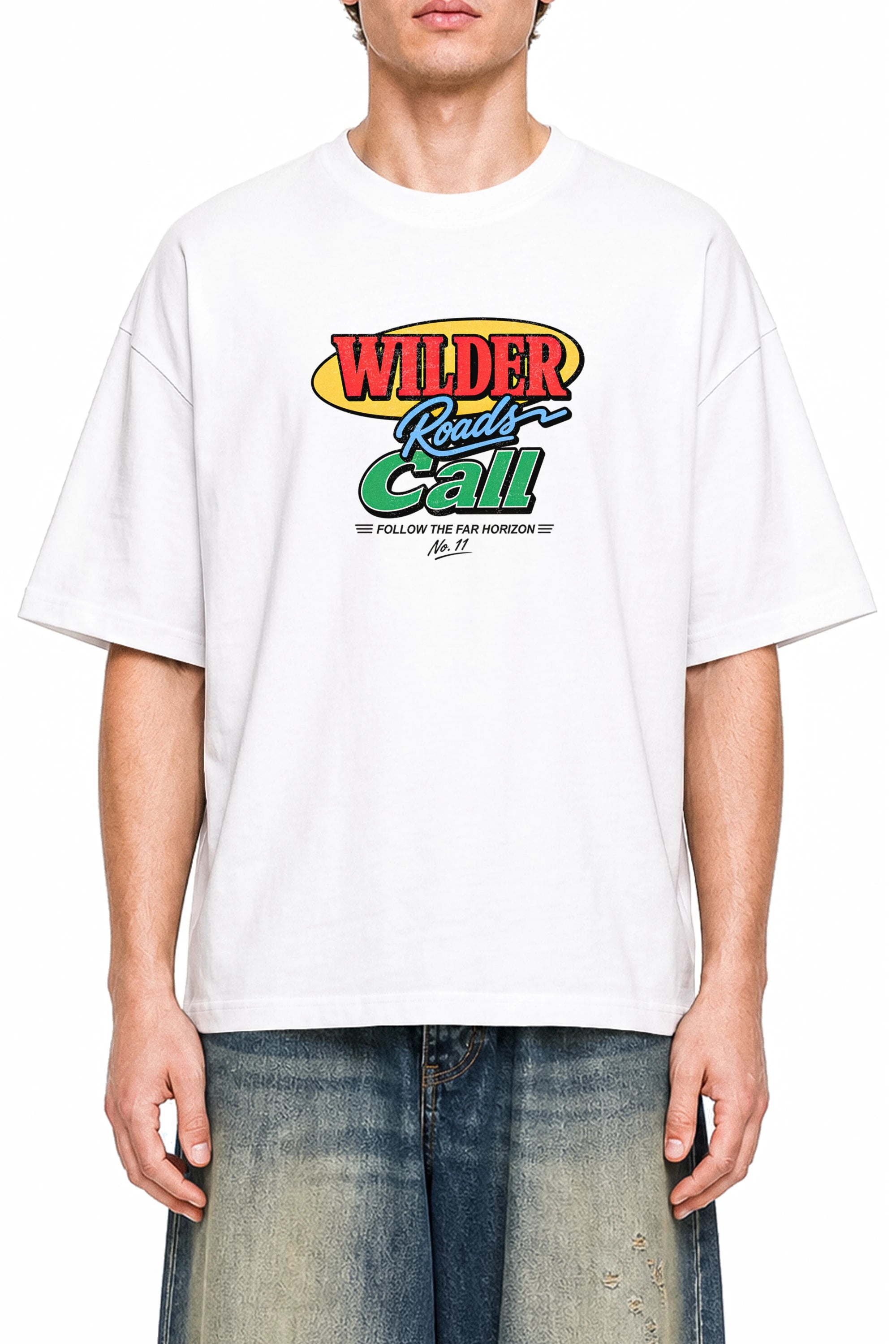 Wilder Roads Call White graphic T-shirt, model front view