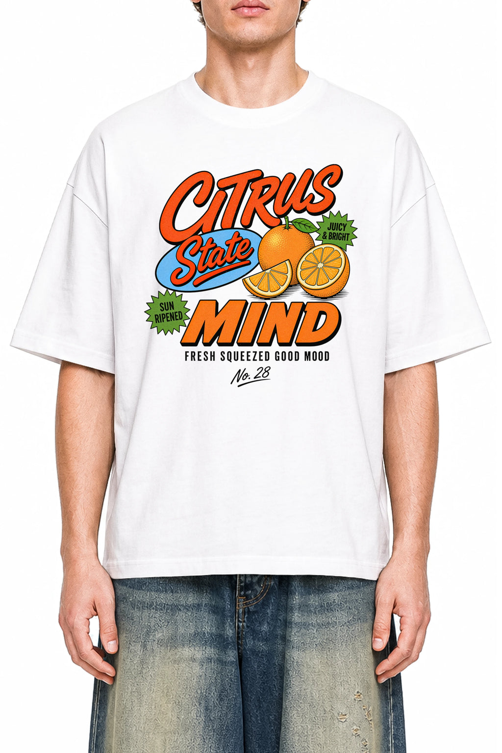 Citrus State Mind White graphic T-shirt, model front view