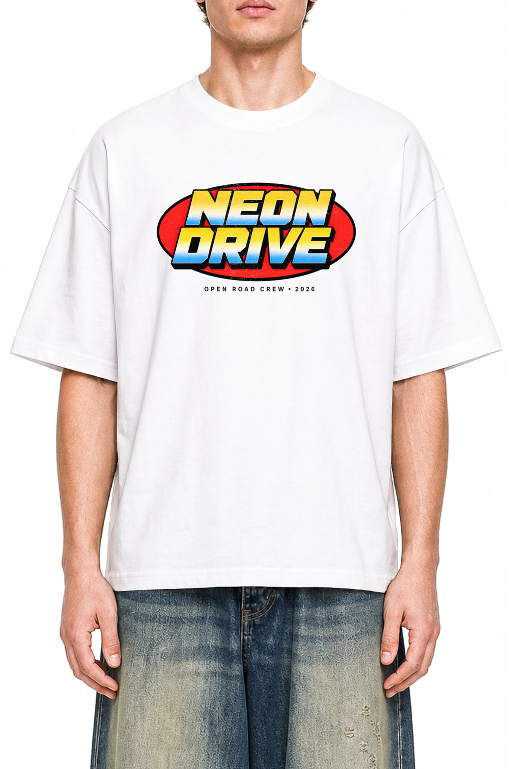 Neon Drive White graphic T-shirt, model front view