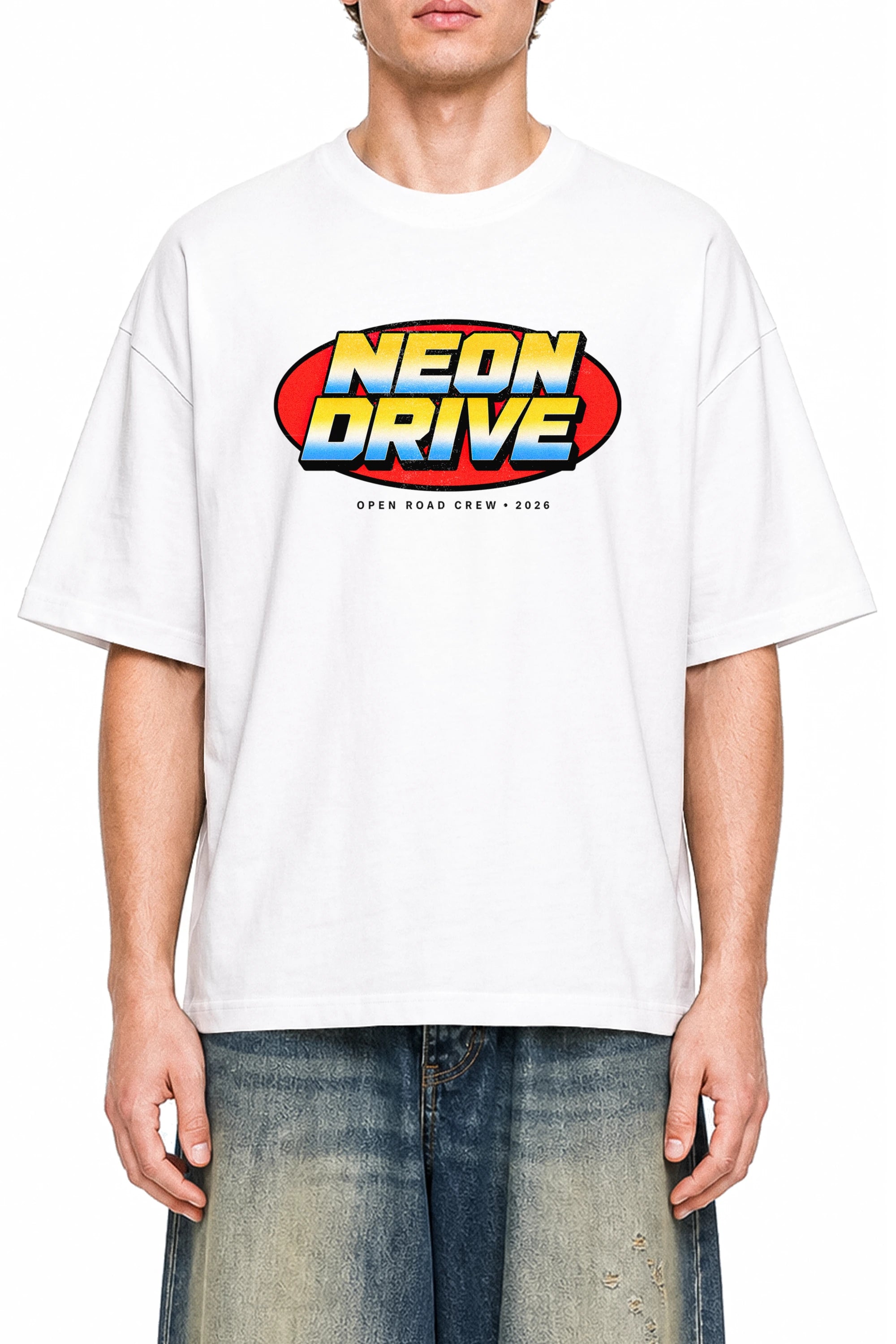 Neon Drive White graphic T-shirt, model front view