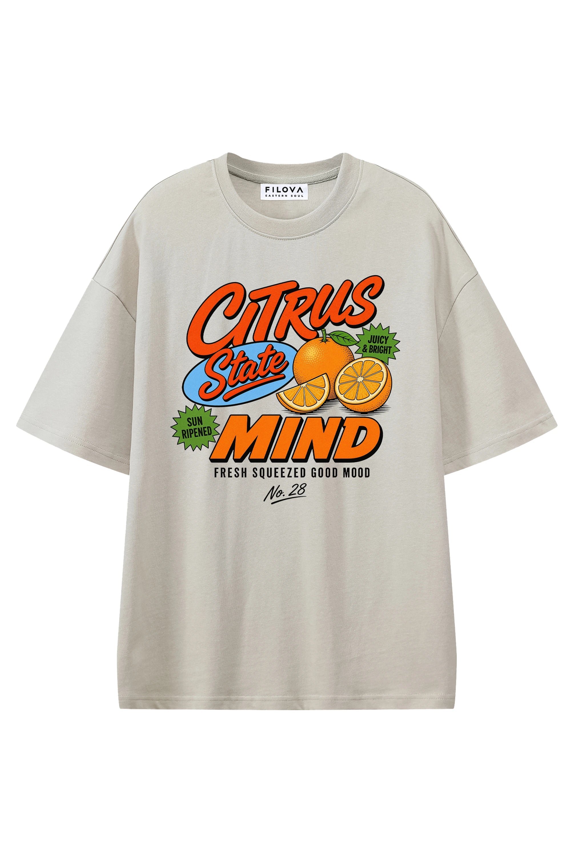Citrus State Mind Apricot graphic T-shirt, flat lay front view