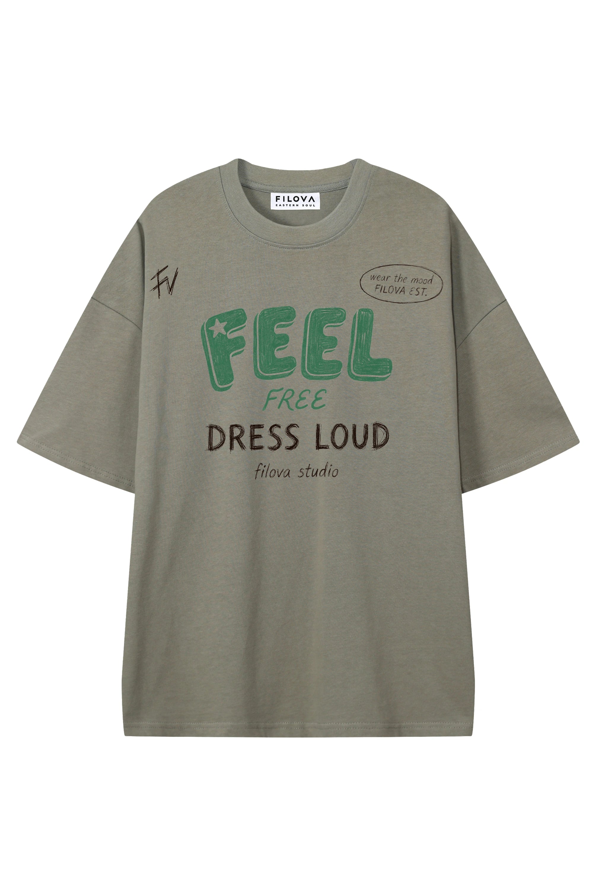 Feel Free Dress Loud Dark Gray graphic T-shirt, flat lay front view