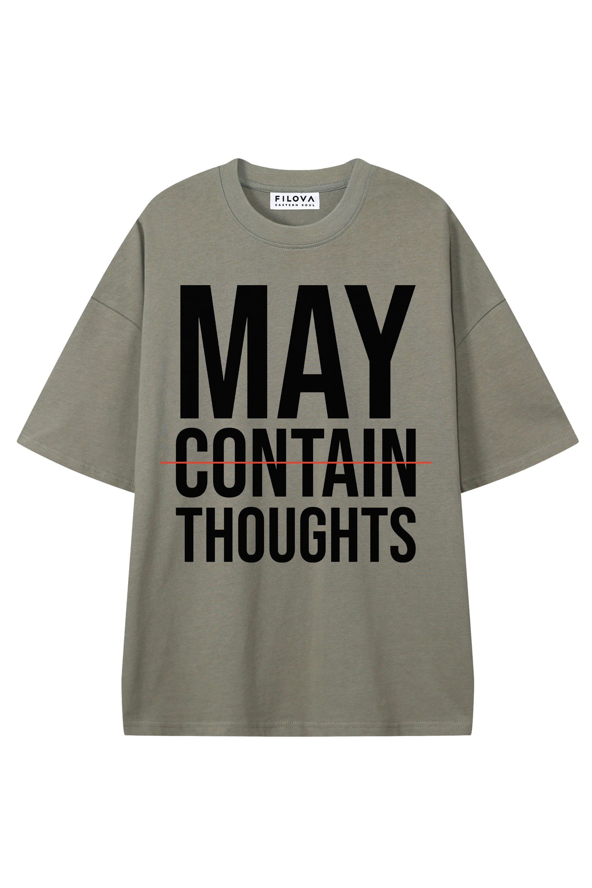 May Contain Thoughts Dark Gray graphic T-shirt, flat lay front view