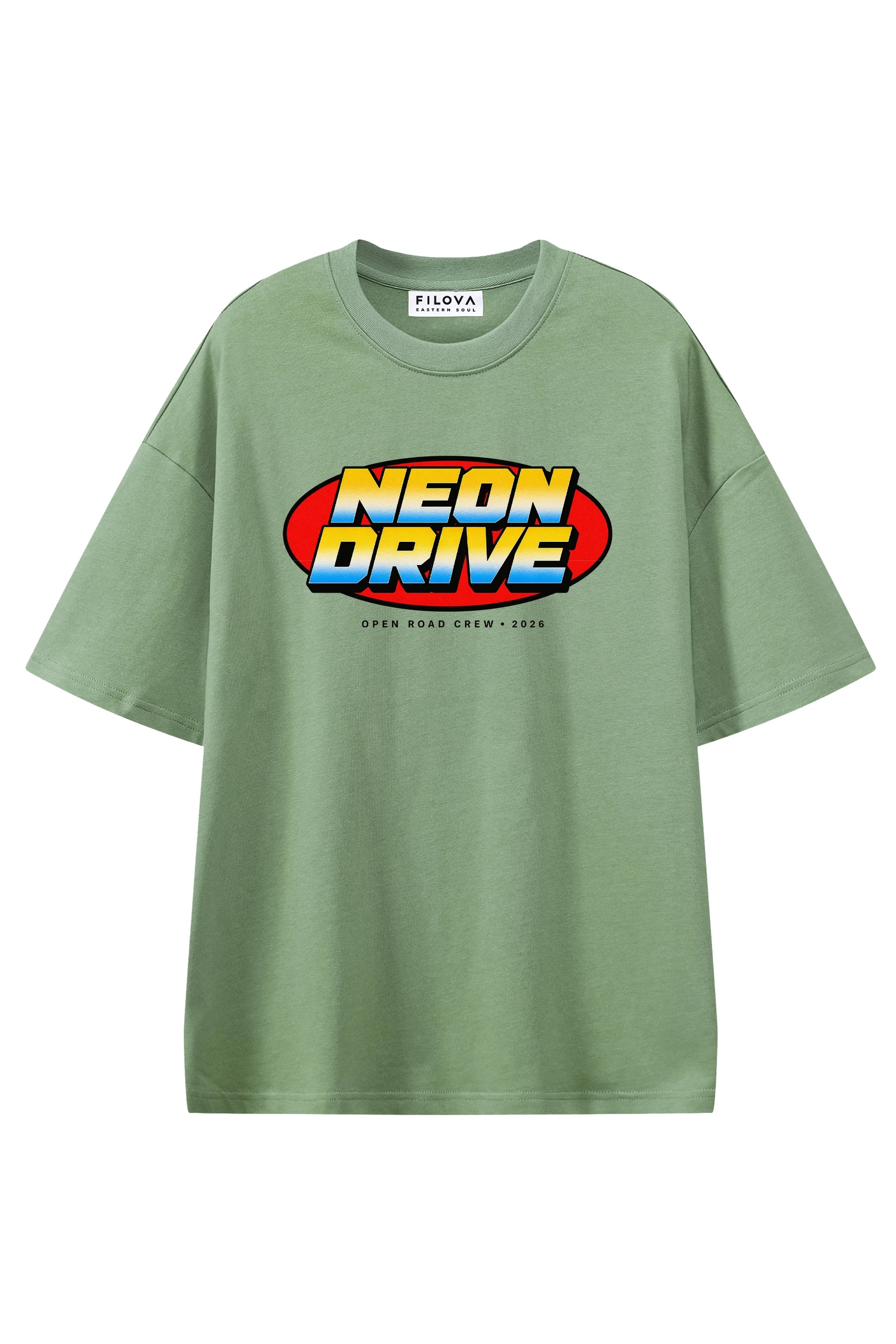 Neon Drive Light Green graphic T-shirt, flat lay front view