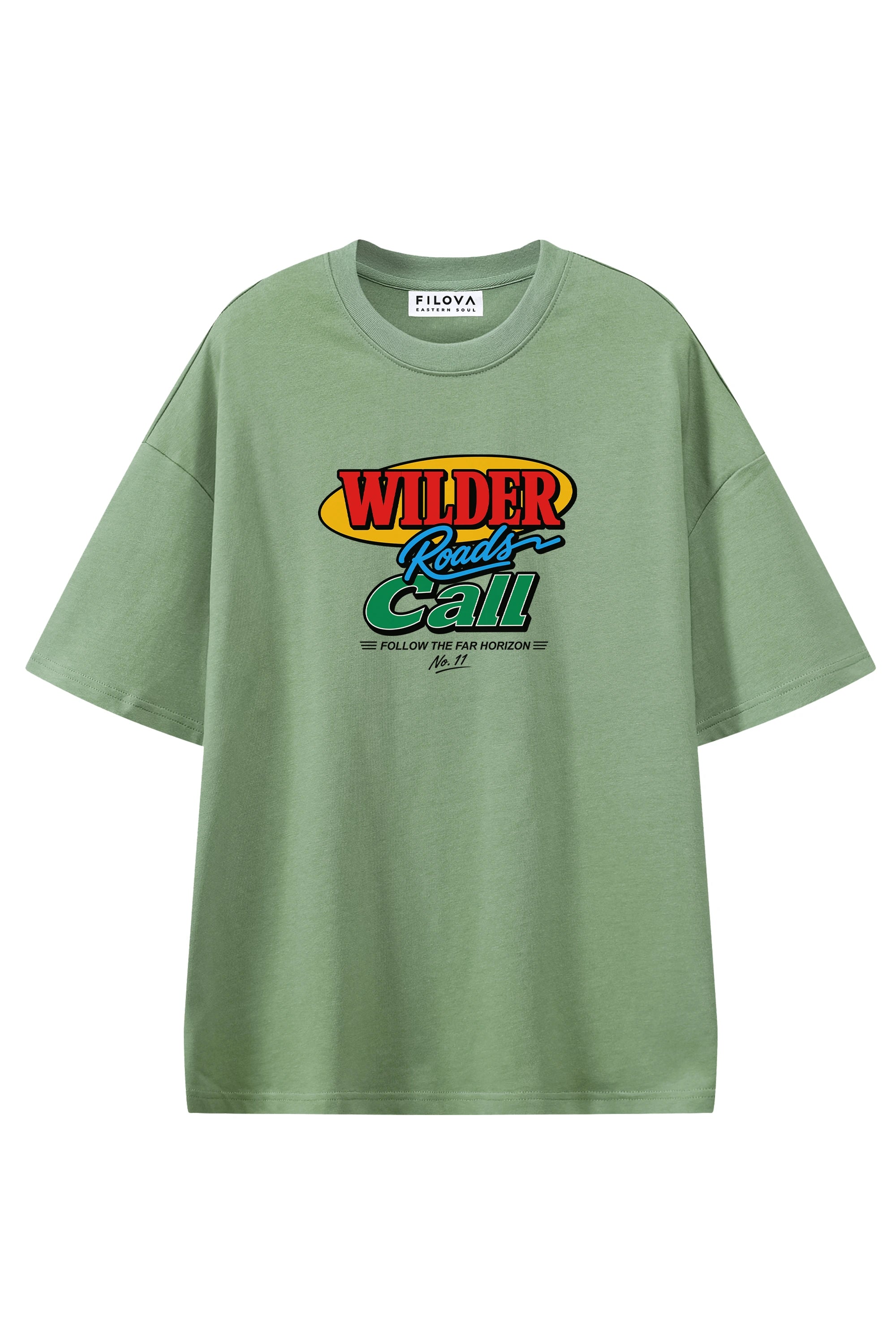 Wilder Roads Call Light Green graphic T-shirt, flat lay front view