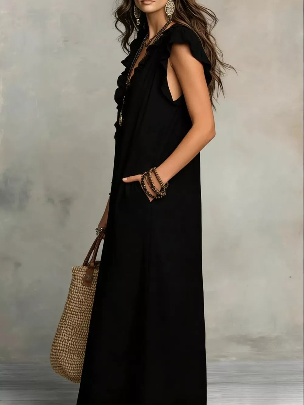 Ruffled V-Neck Cap-Sleeve Maxi Dress – view 5