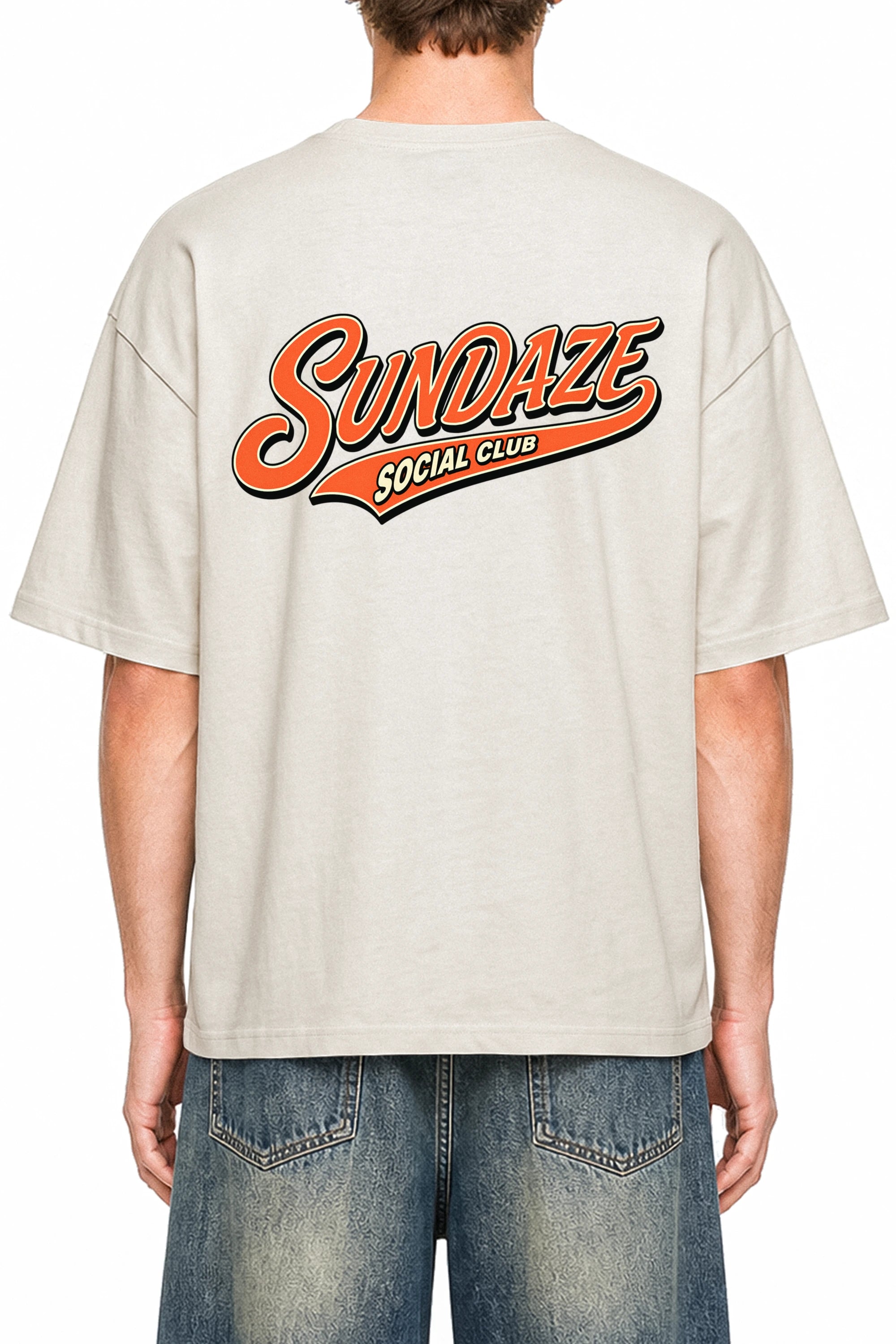 Sundaze Social Club Apricot graphic T-shirt, model back view