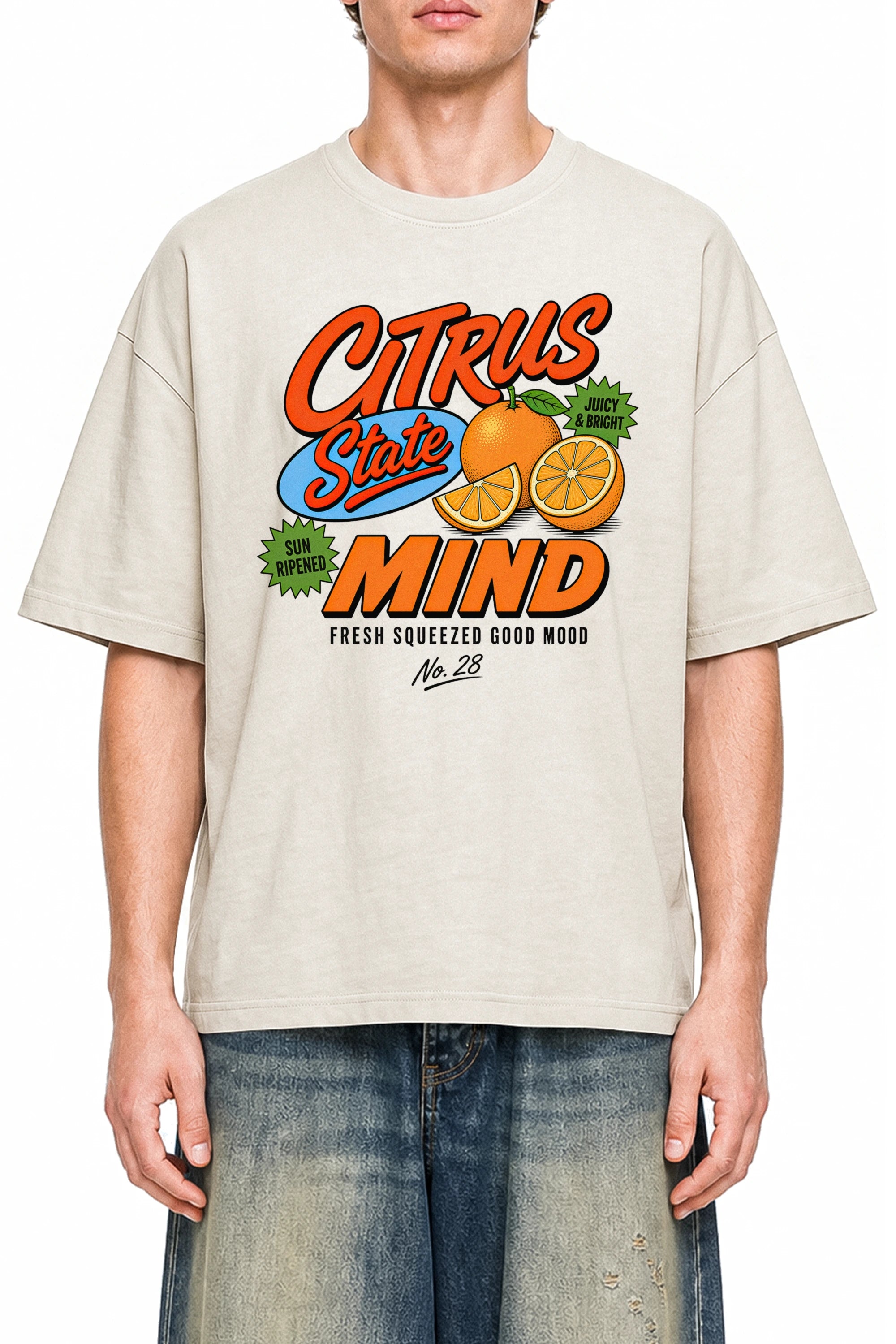 Citrus State Mind Apricot graphic T-shirt, model front view