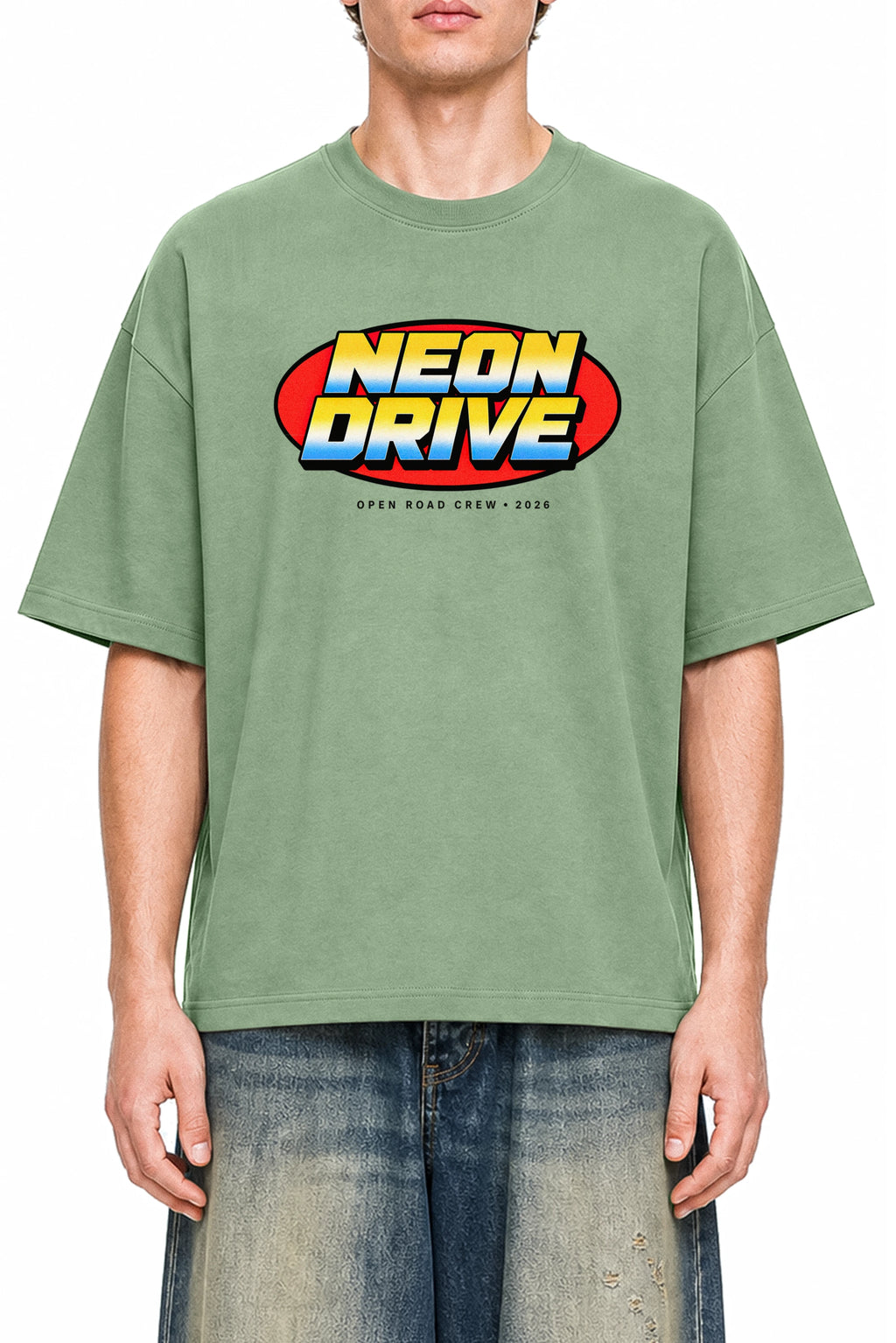 Neon Drive Light Green graphic T-shirt, model front view