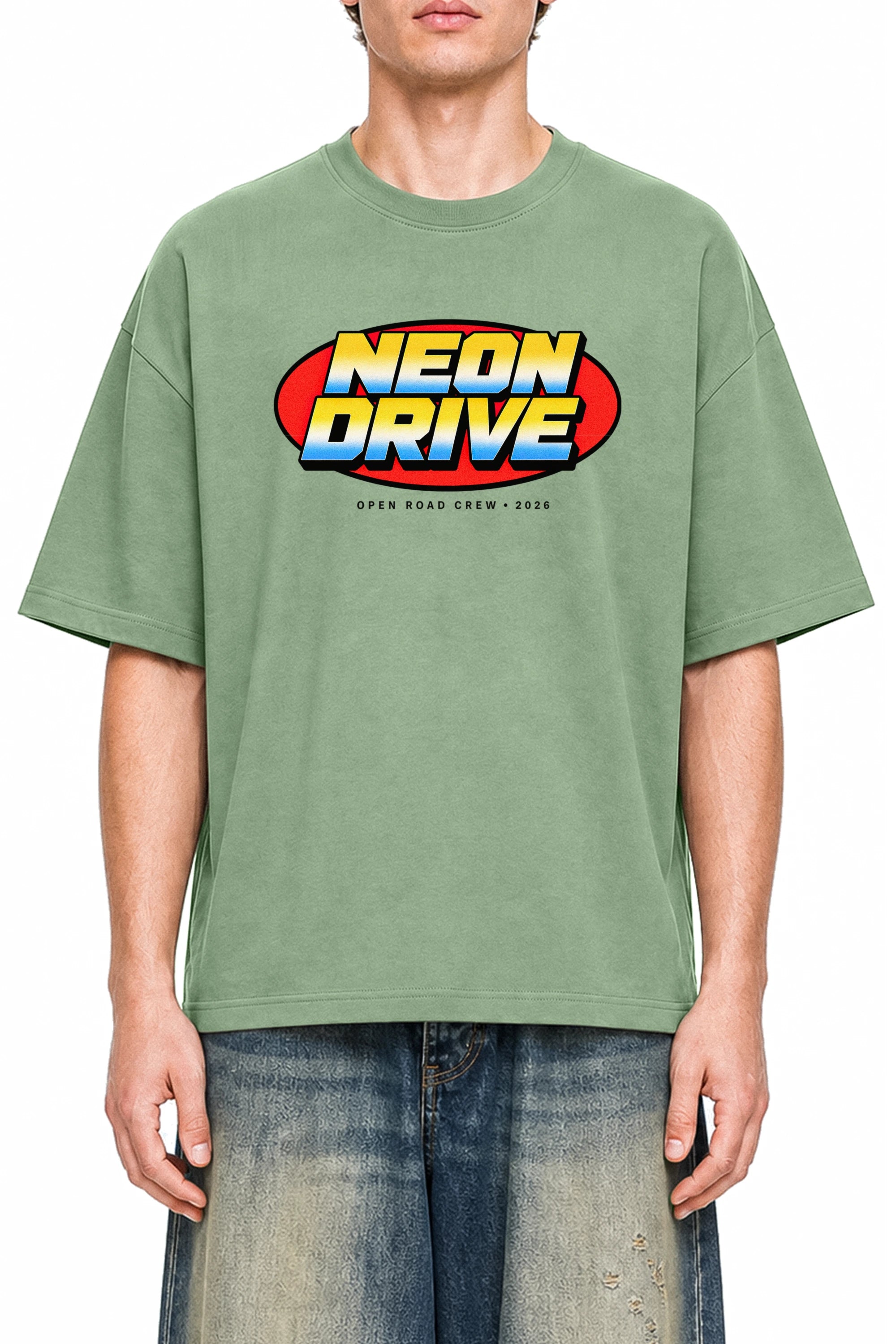Neon Drive Light Green graphic T-shirt, model front view