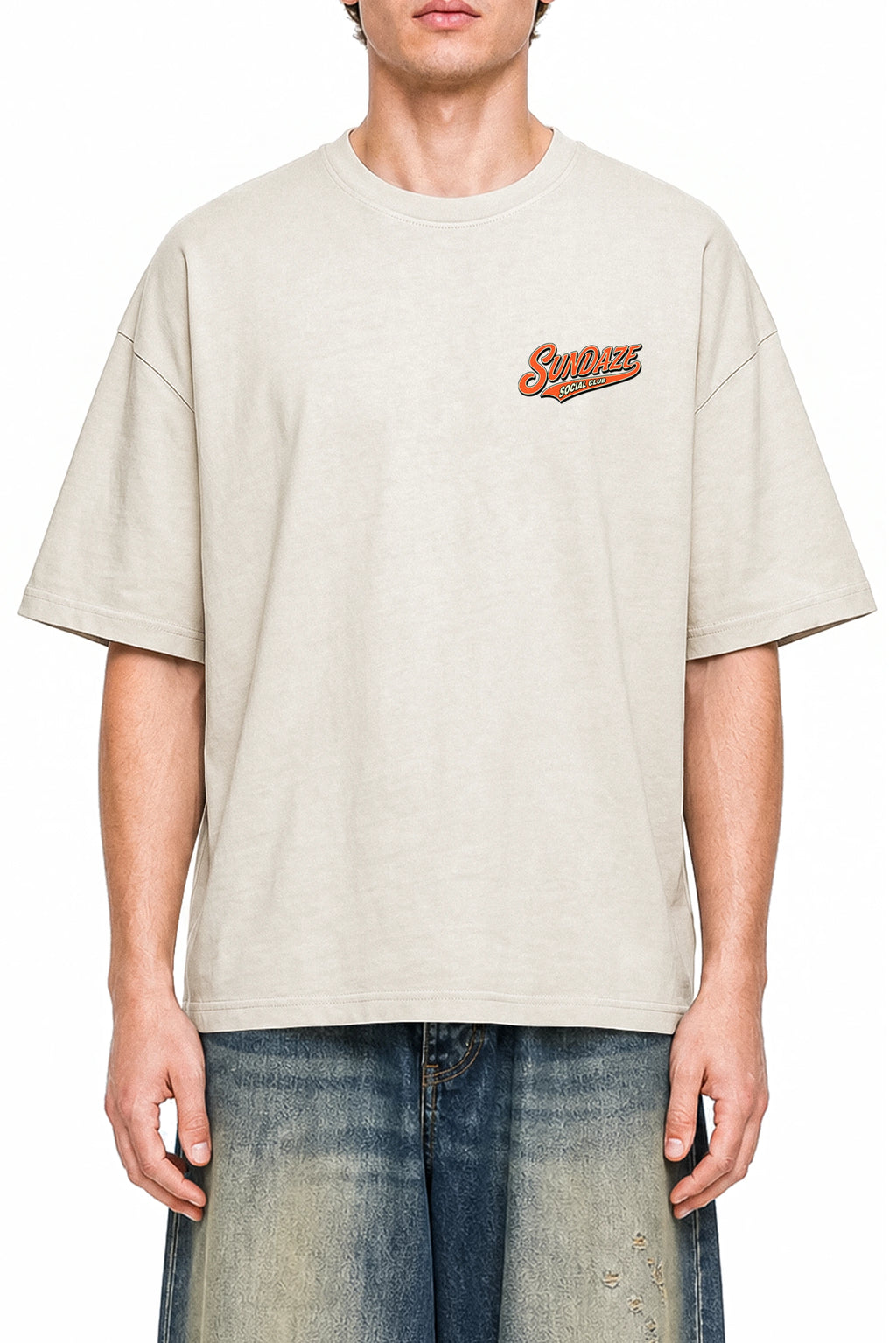 Sundaze Social Club Apricot graphic T-shirt, model front view