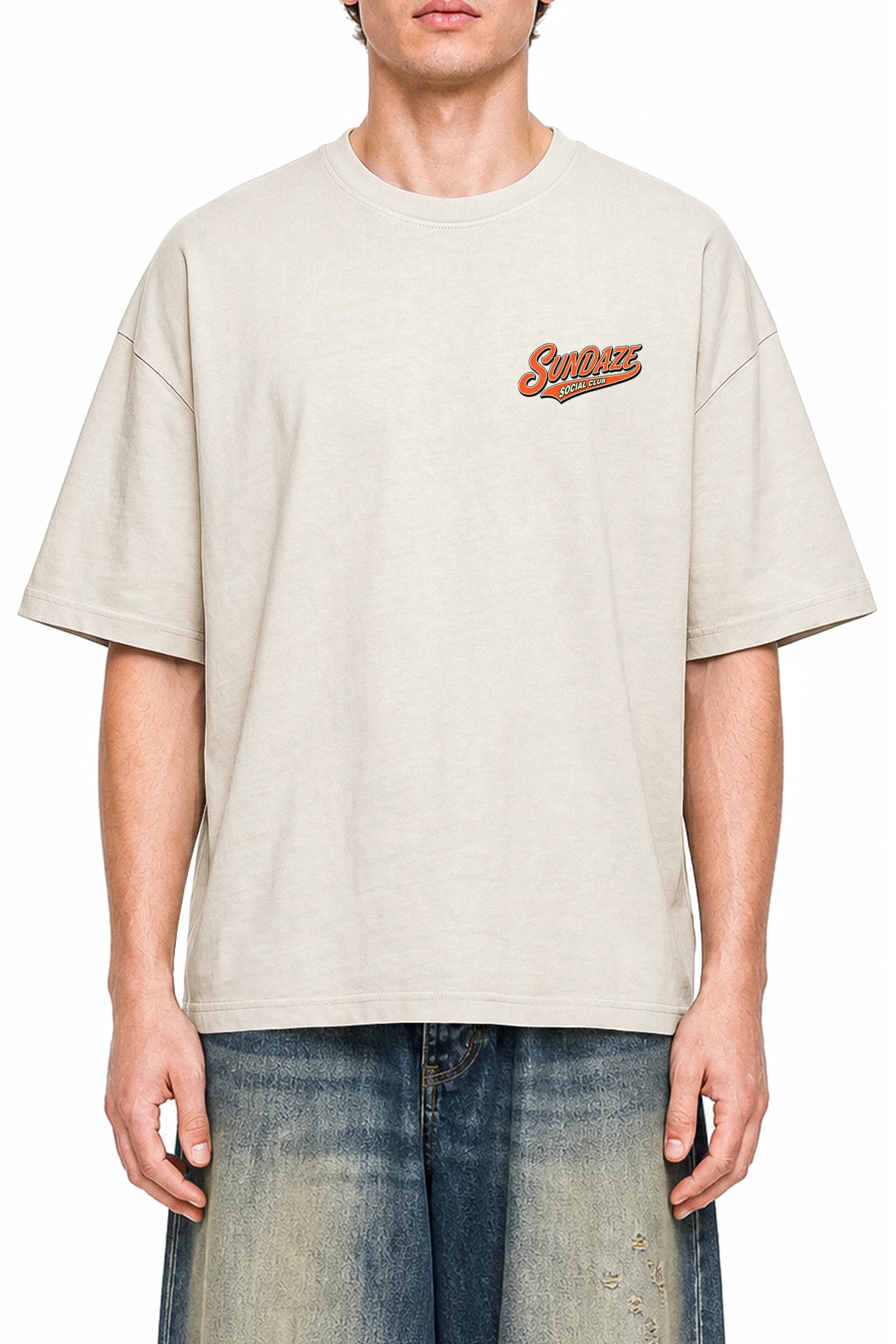 Sundaze Social Club Apricot graphic T-shirt, model front view