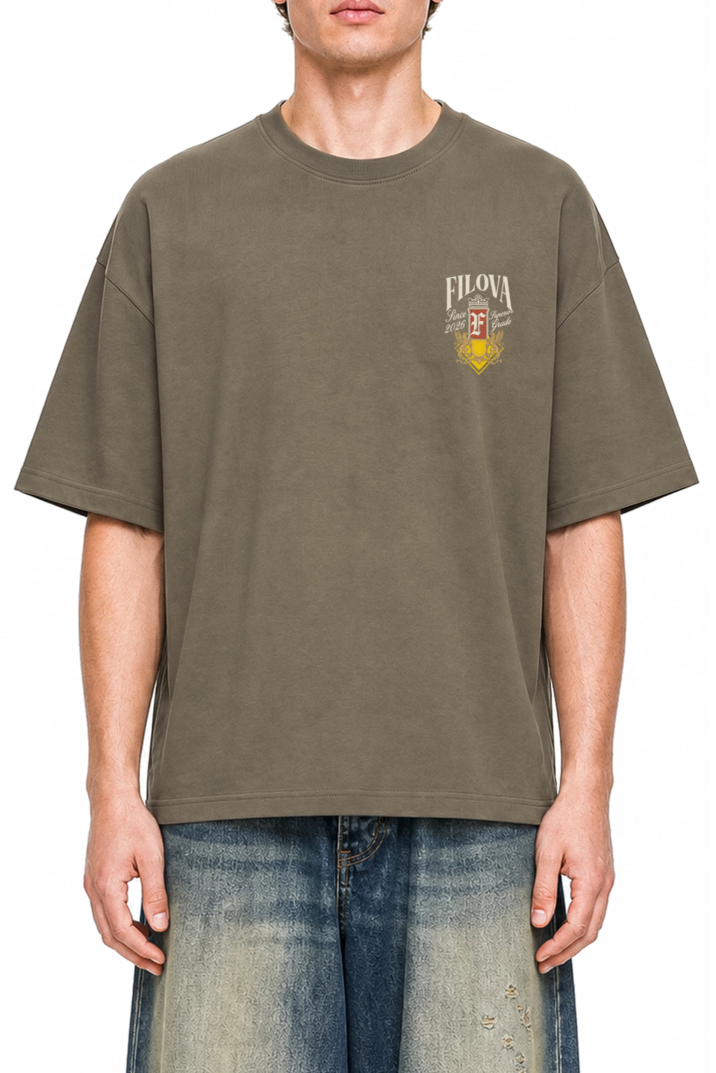 Filova Since 2026 Moss Green graphic T-shirt, model front view