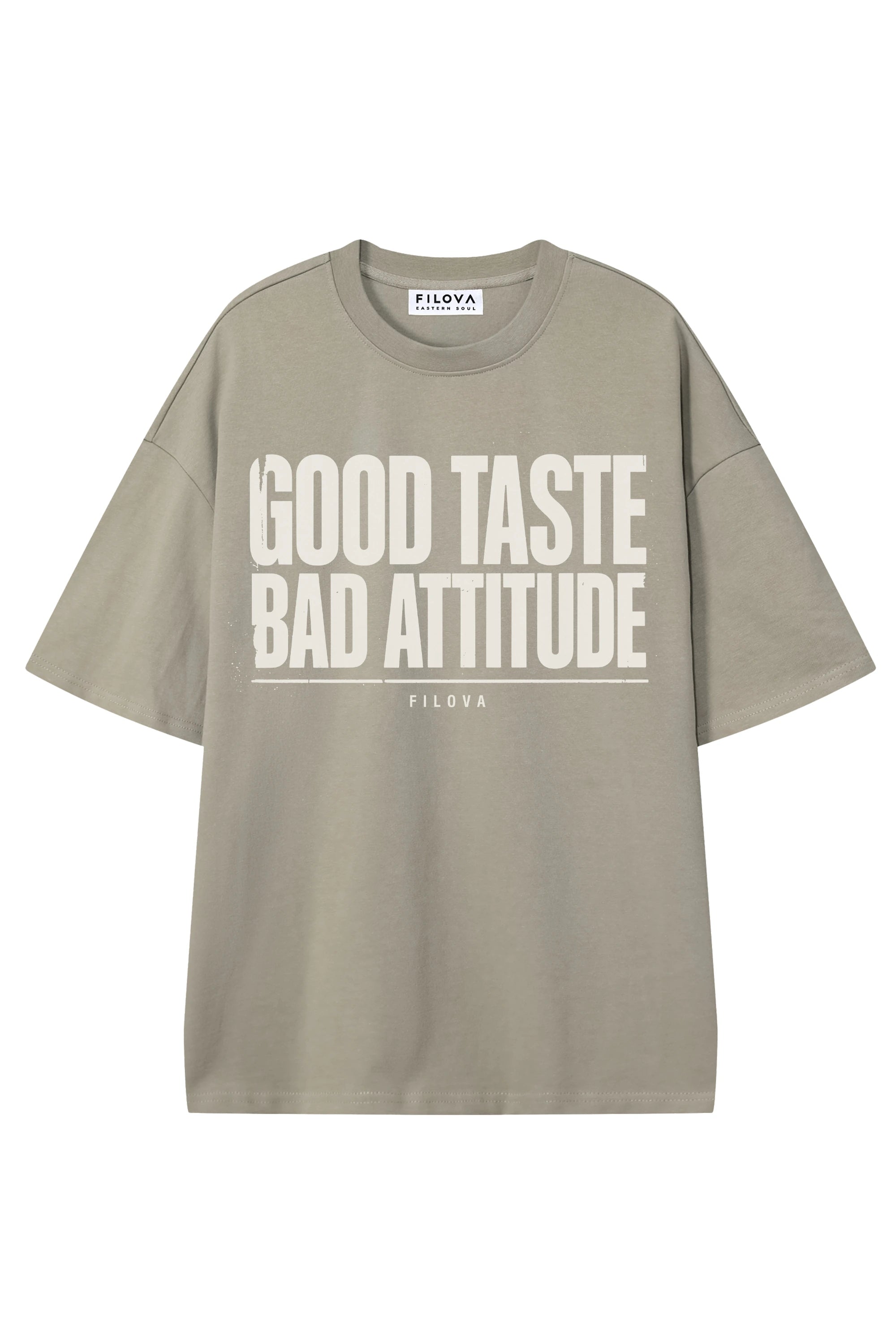 Good Taste - Bad Attitude Dark Apricot graphic T-shirt, flat lay front view