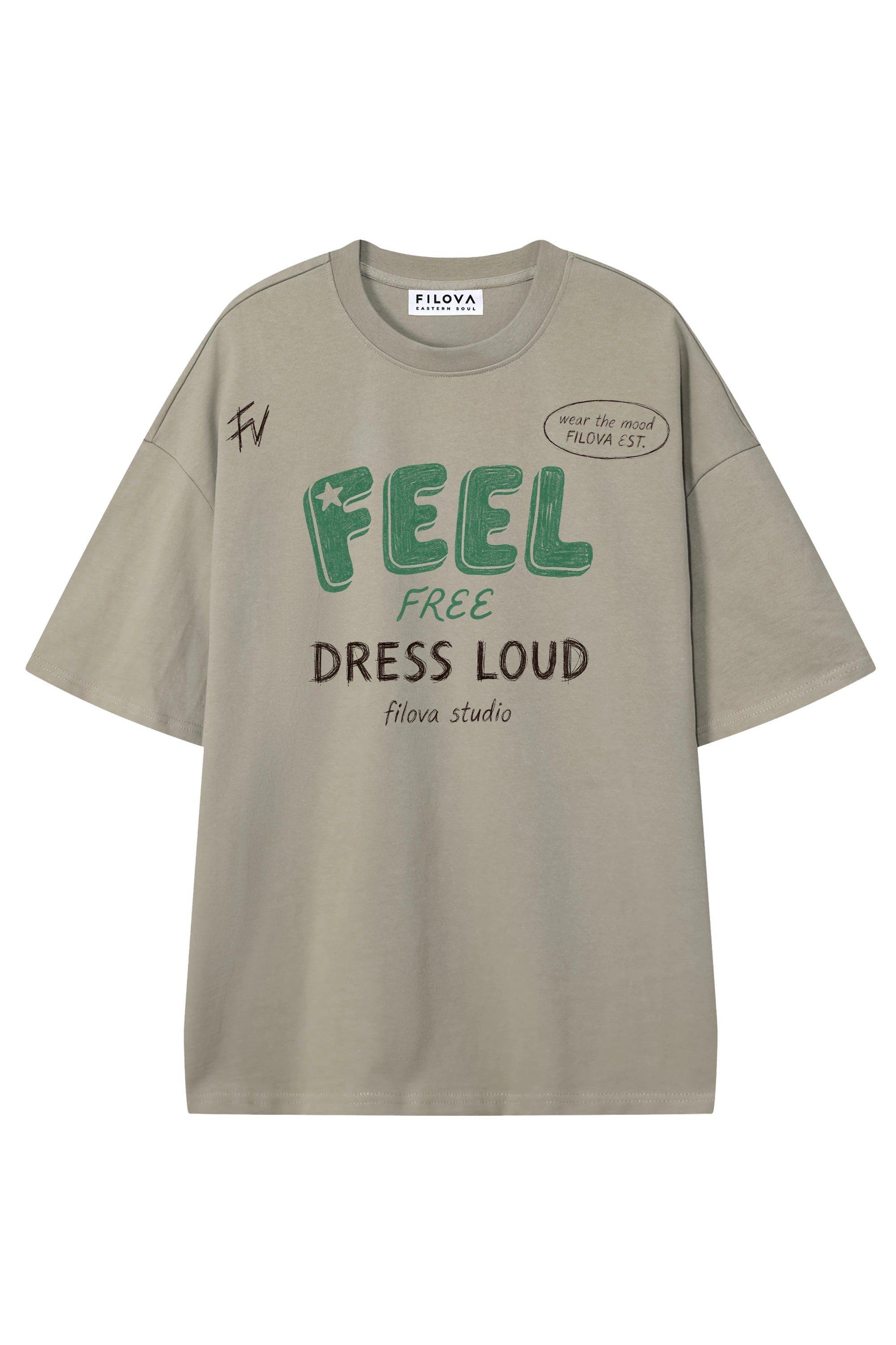 Feel Free Dress Loud Dark Apricot graphic T-shirt, flat lay front view